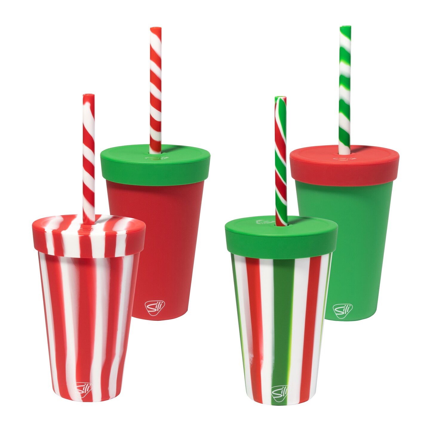 Silipint: Silicone 16 oz Straw Tumbler:4 Pk - Peppermint, Poinsettia, Classic Red &#x26; Green