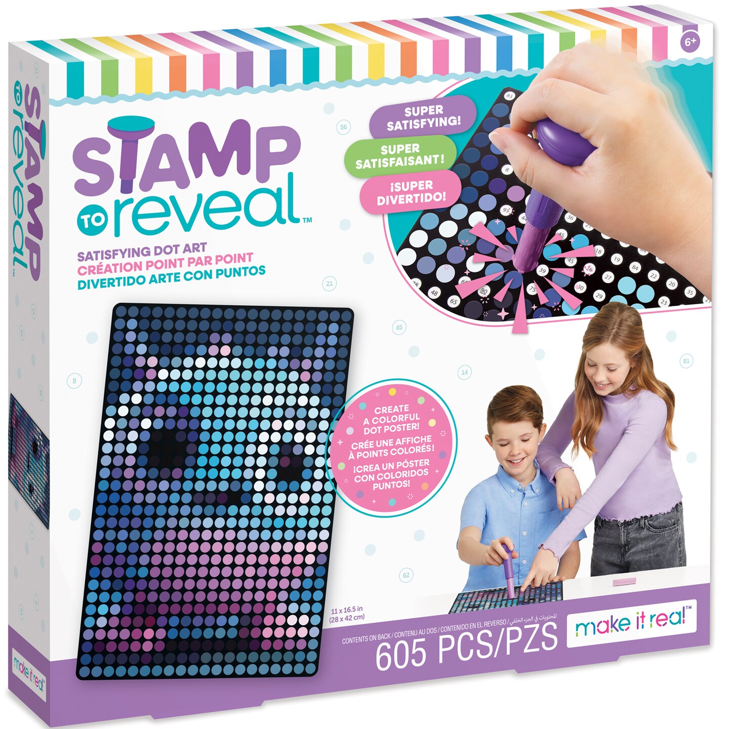 Make It Real: Stamp To Reveal Single - Puff Monster - 605pcs - DIY Dot Poster Character, 11x16.5&#x22;, Craft Kit, Artwork Activity, Girls &#x26; Kids Ages 6+