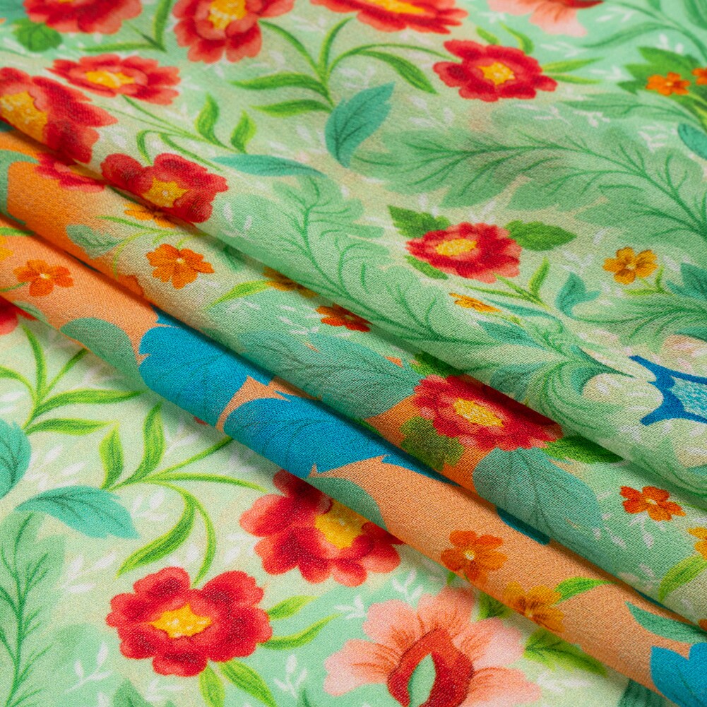 1 Yard Viscose Georgette Blue, Green and Orange Floral Squares Fabric