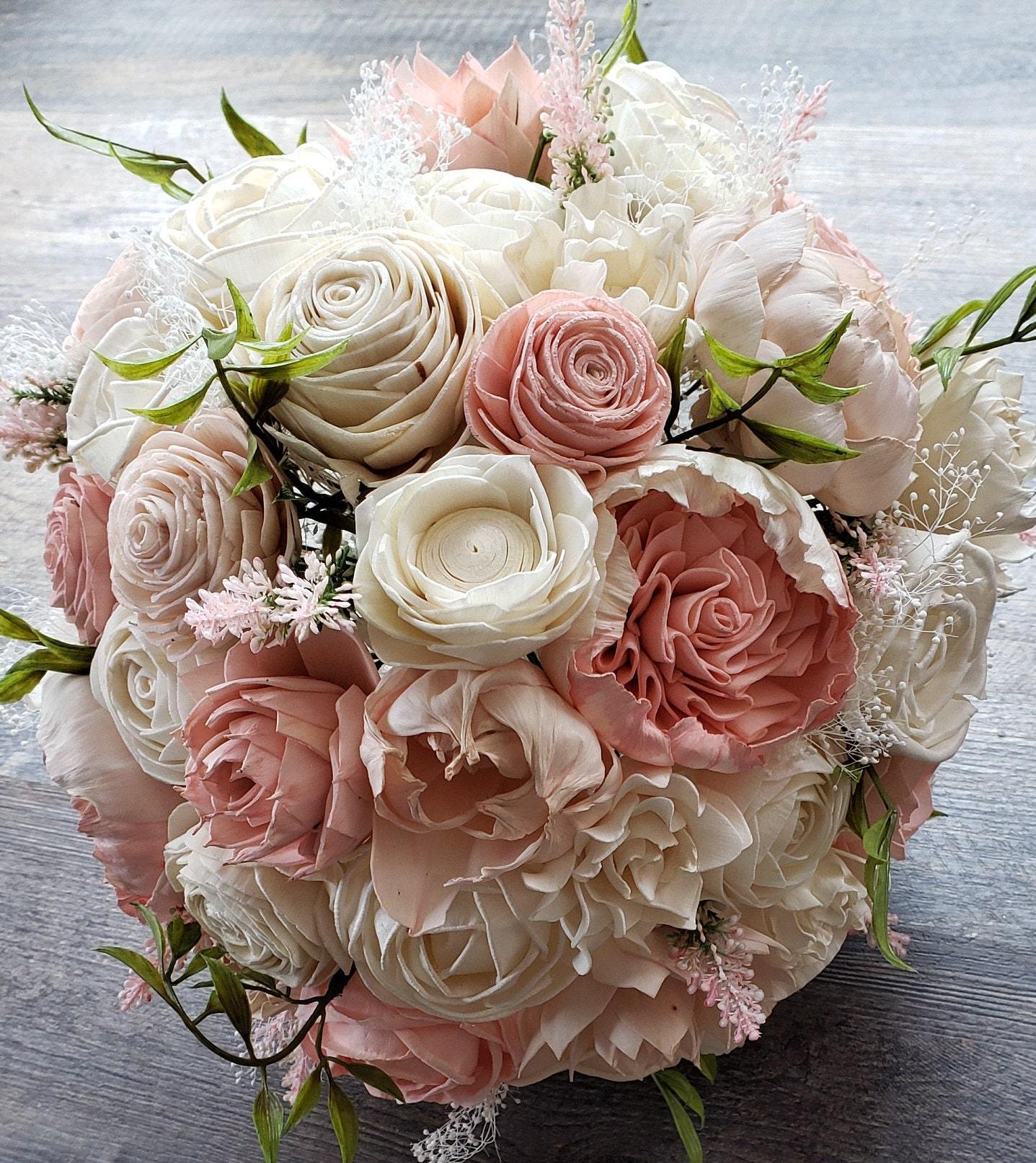 Soft Blush Pink and Light Green Wood Flower Wedding Bouquet | MakerPlace by  Michaels, image size:962x1080