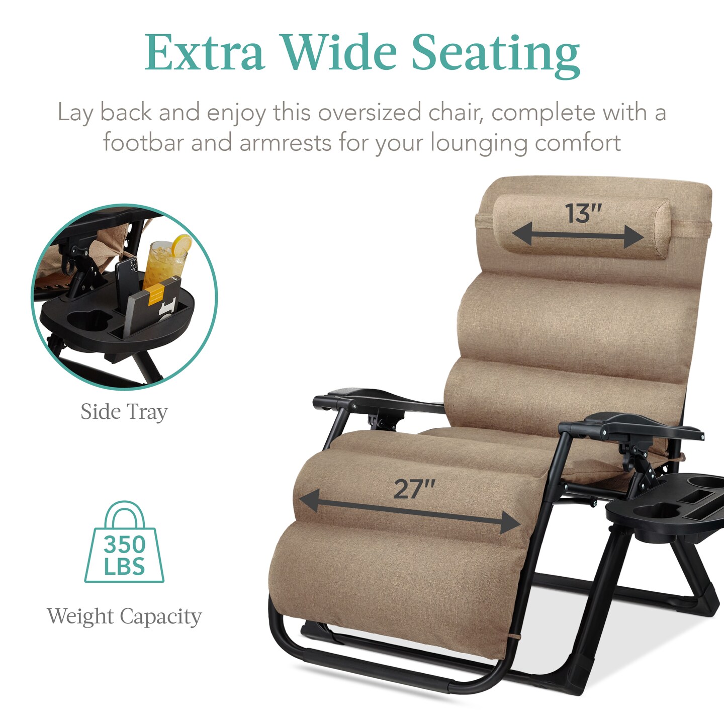 Best Choice Products Oversized Zero Gravity Chair, Folding Recliner w/ Removable Cushion, Side Tray