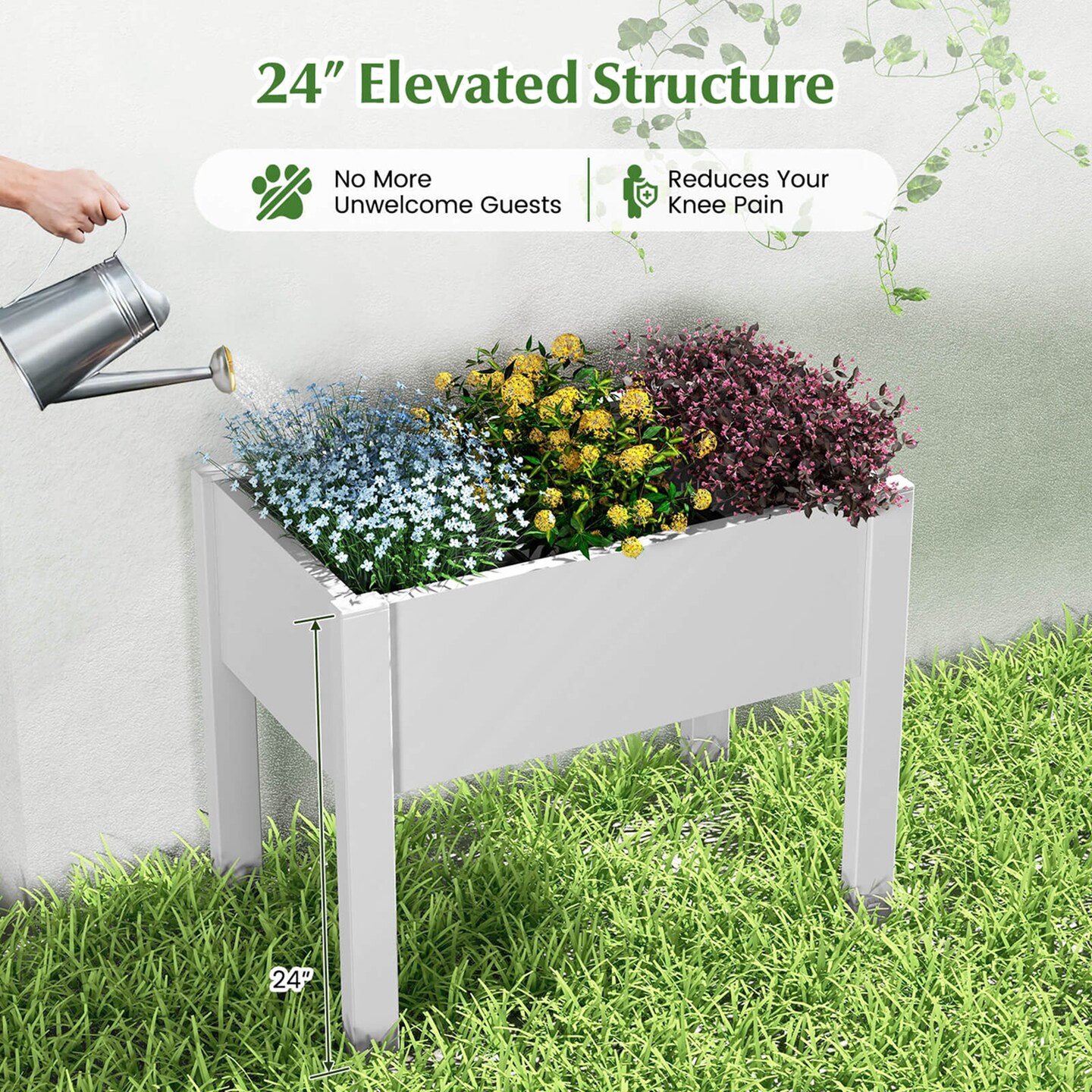 Costway Raised Garden Bed with Water Level Indicator Drainage Hole for Vegetables Outdoor Coffee/White