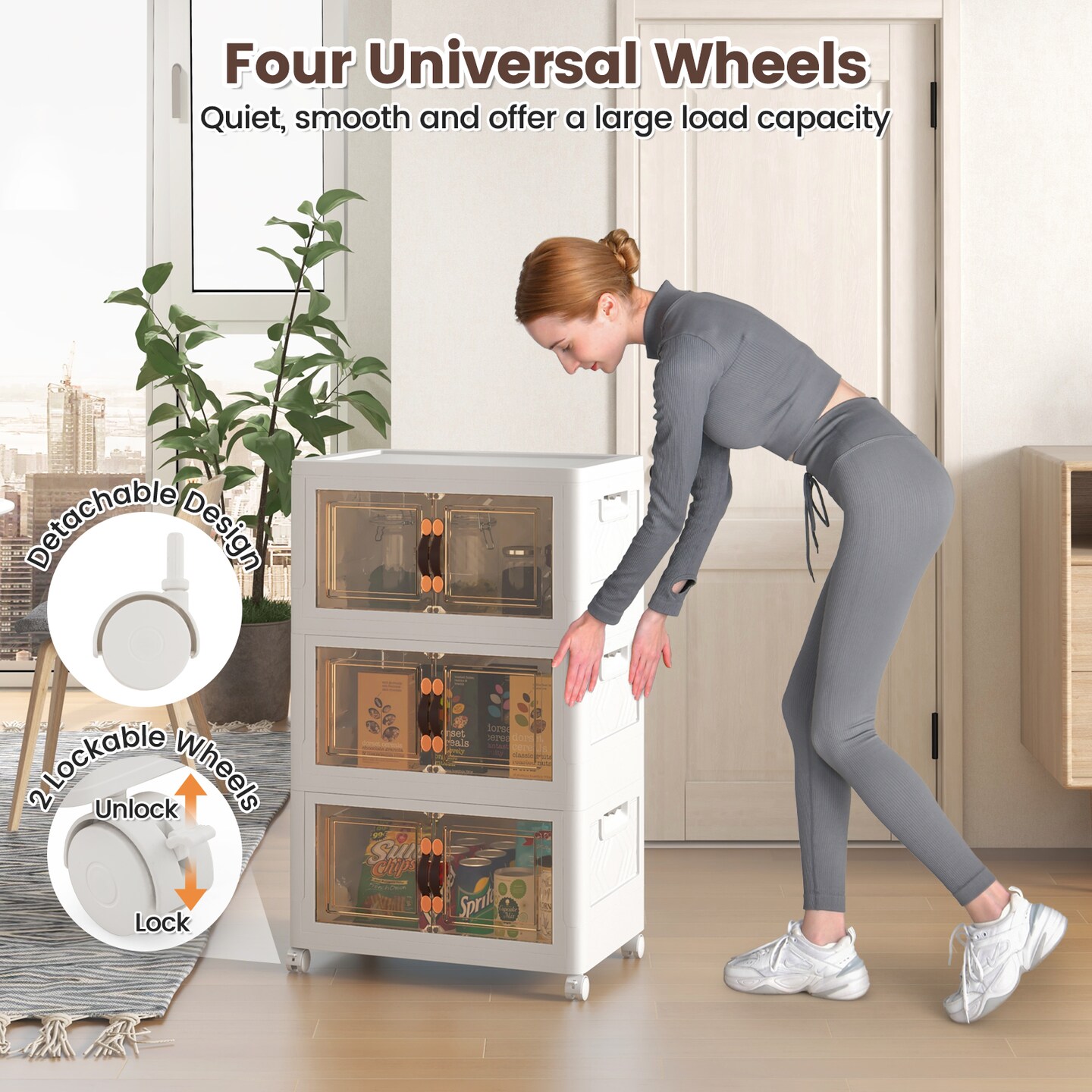 Costway 50 Gallons Stackable Storage Bins with Lockable Wheels 3 Pack Folding PP Home Organizer
