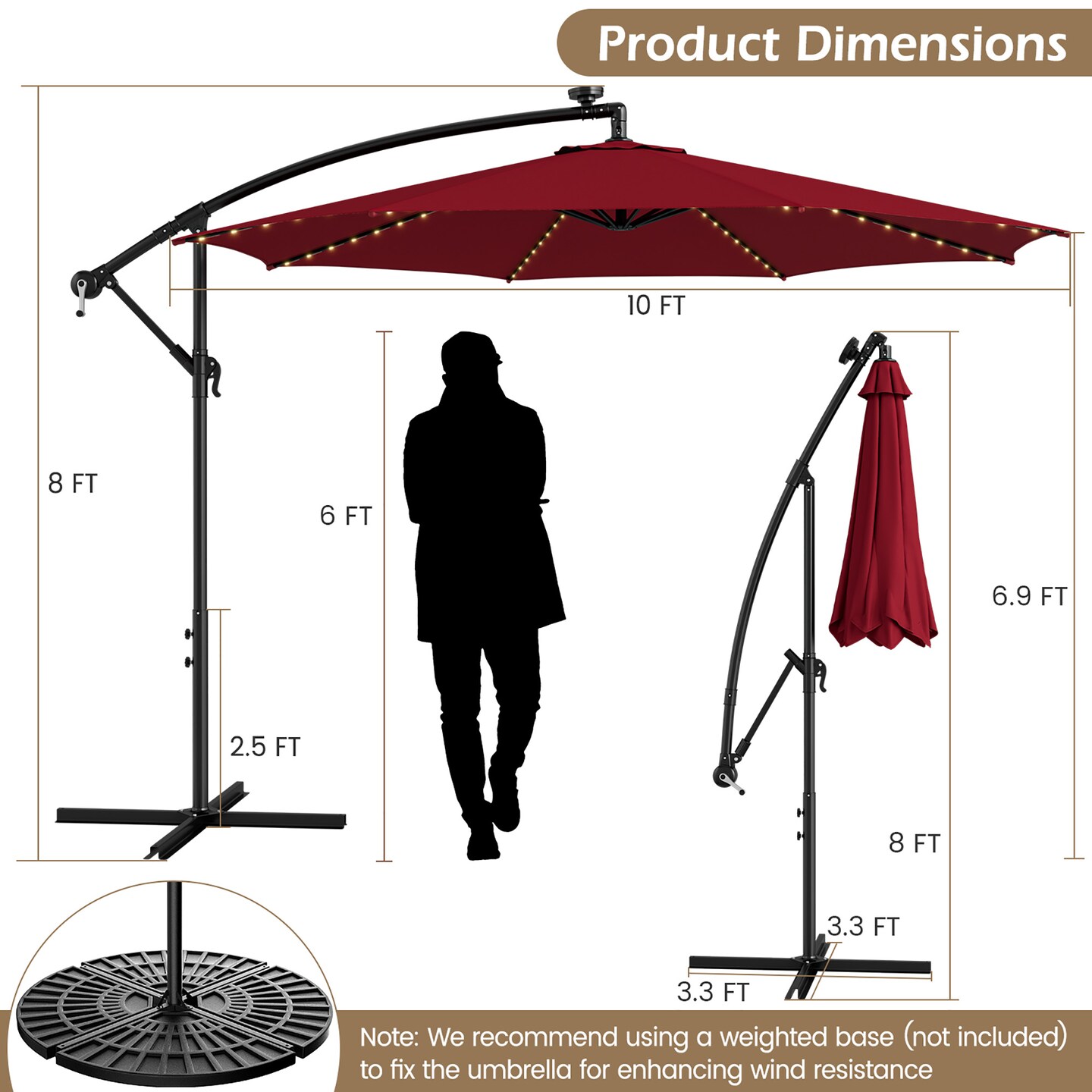 Costway 10FT Patio Solar-Lighted 112 LED Cantilever Offset Umbrella Crank Tilt Outdoor