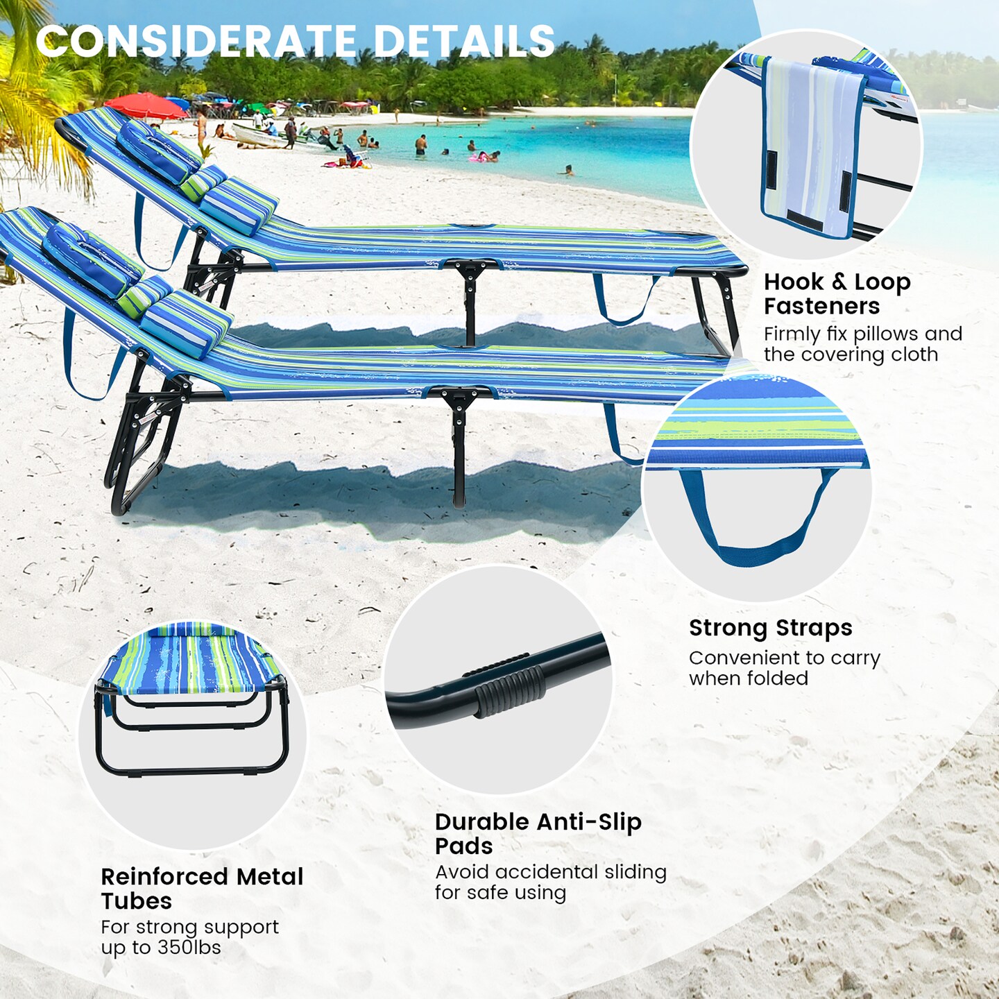 Costway Beach Chaise Lounge Chair with Face Hole Pillows &#x26; 5-Position Adjustable Backrest