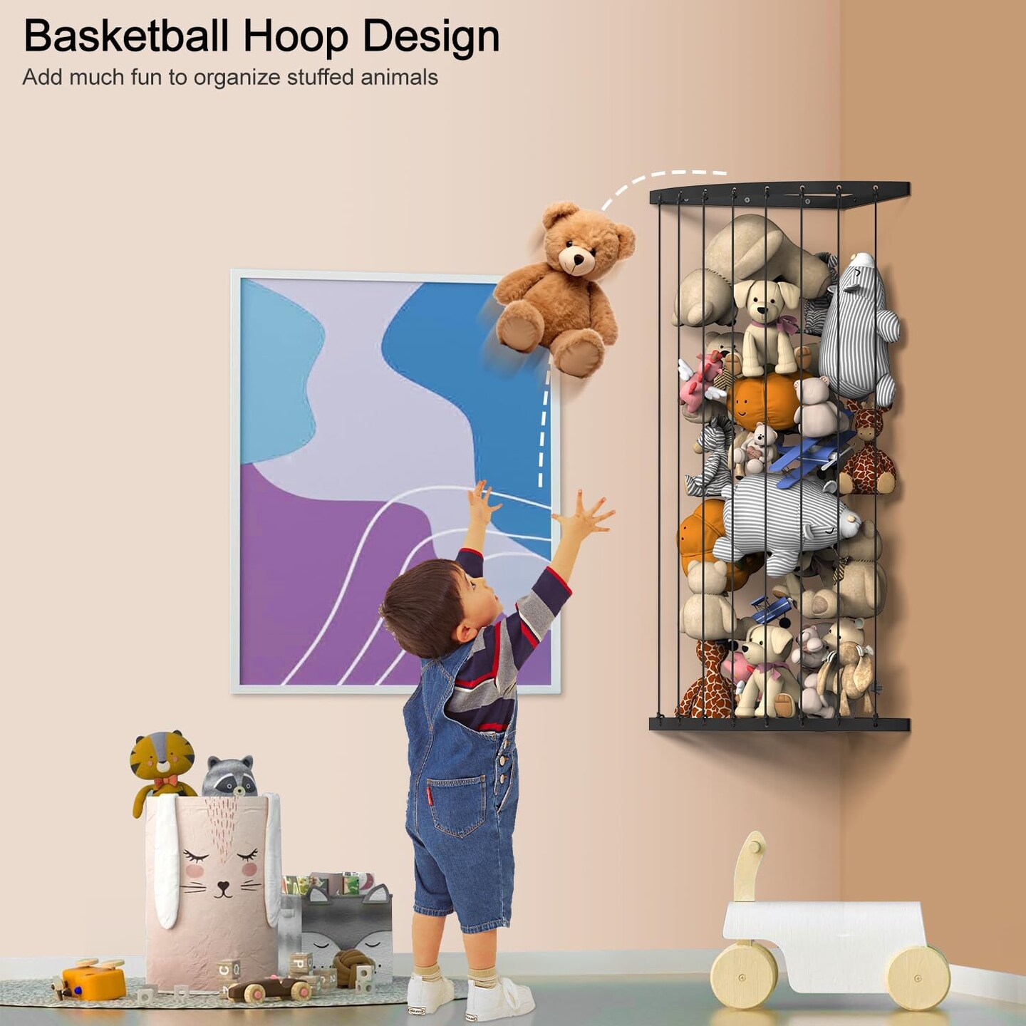 Corner Stuffed Animal Storage Hammock &#x2013; Adjustable Length (34.25&#x22;-59&#x22;) Wall-Mounted Organizer, Space-Saving Toy Net for Nursery, Playroom, Kids&#x2019; Bedroom &#x2013; Black