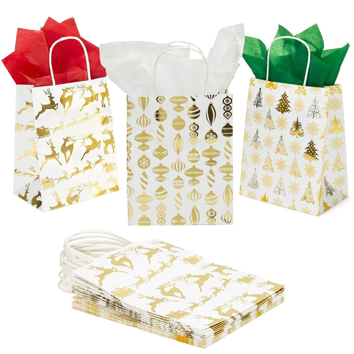 15 Pack Christmas Gift Bags with Handle Set, Includes 24 Tissue Paper Sheets, 10x8 inch Party Favor Bags for Xmas Gift Wrapping (3 Gold Foil Print Designs)