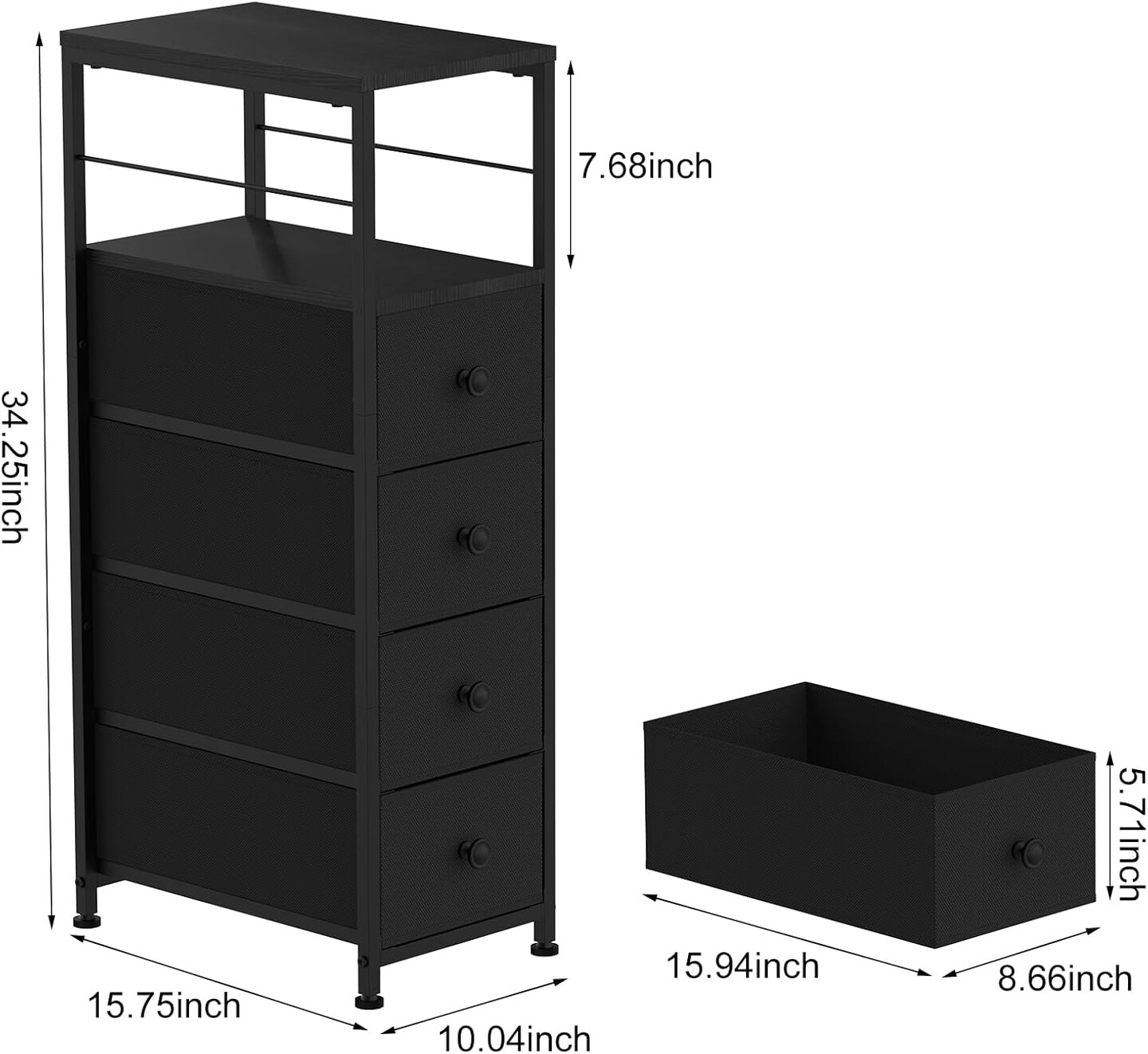 Narrow Dresser for Small Spaces | Black Slim Chest with 4 Fabric Drawers & Shelves | Anti-Tip Bedside Organizer (34.25"H x 10.04"W)