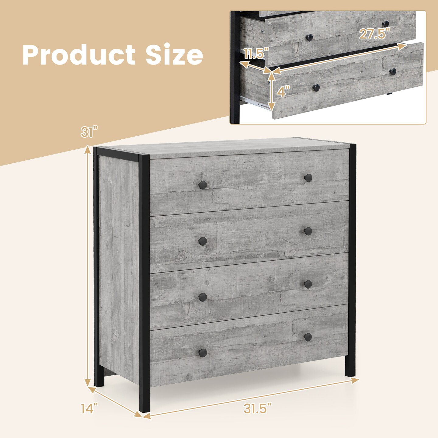 4-Drawer Dresser with Metal Knobs and Anti-Tip Safety Design
