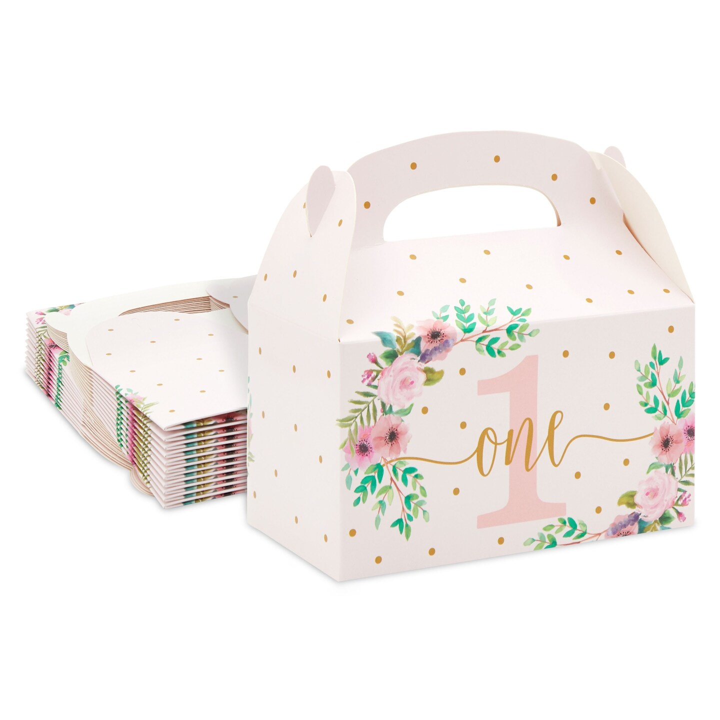 24 Pack Pink Floral Gift Boxes for 1st Birthday Party Favors - Goodie Gable Box (6.2 x 3.6 x 3.3 in)