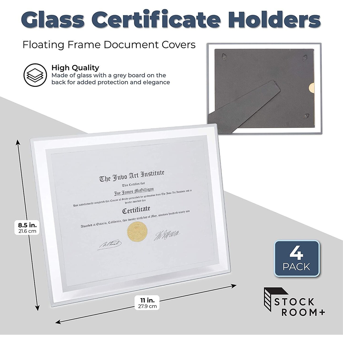4 Pack 8.5x11 Glass Certificate Frames with Stand for Documents, Diplomas Awards, for Tabletop, Hanging
