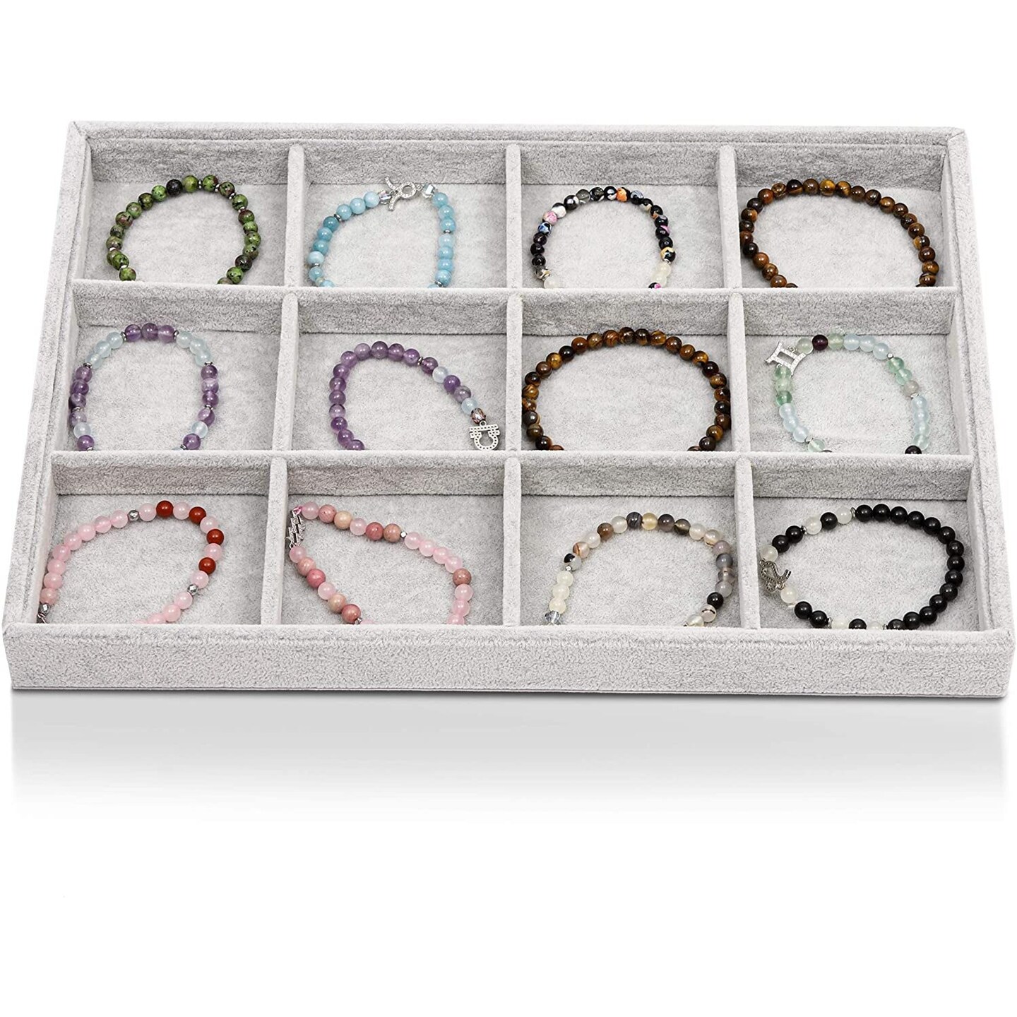 Gray Velvet Stackable Jewelry Organizer Tray, 12 Grids for Bracelets, Necklaces, Pendants (14 x 9.5 In)