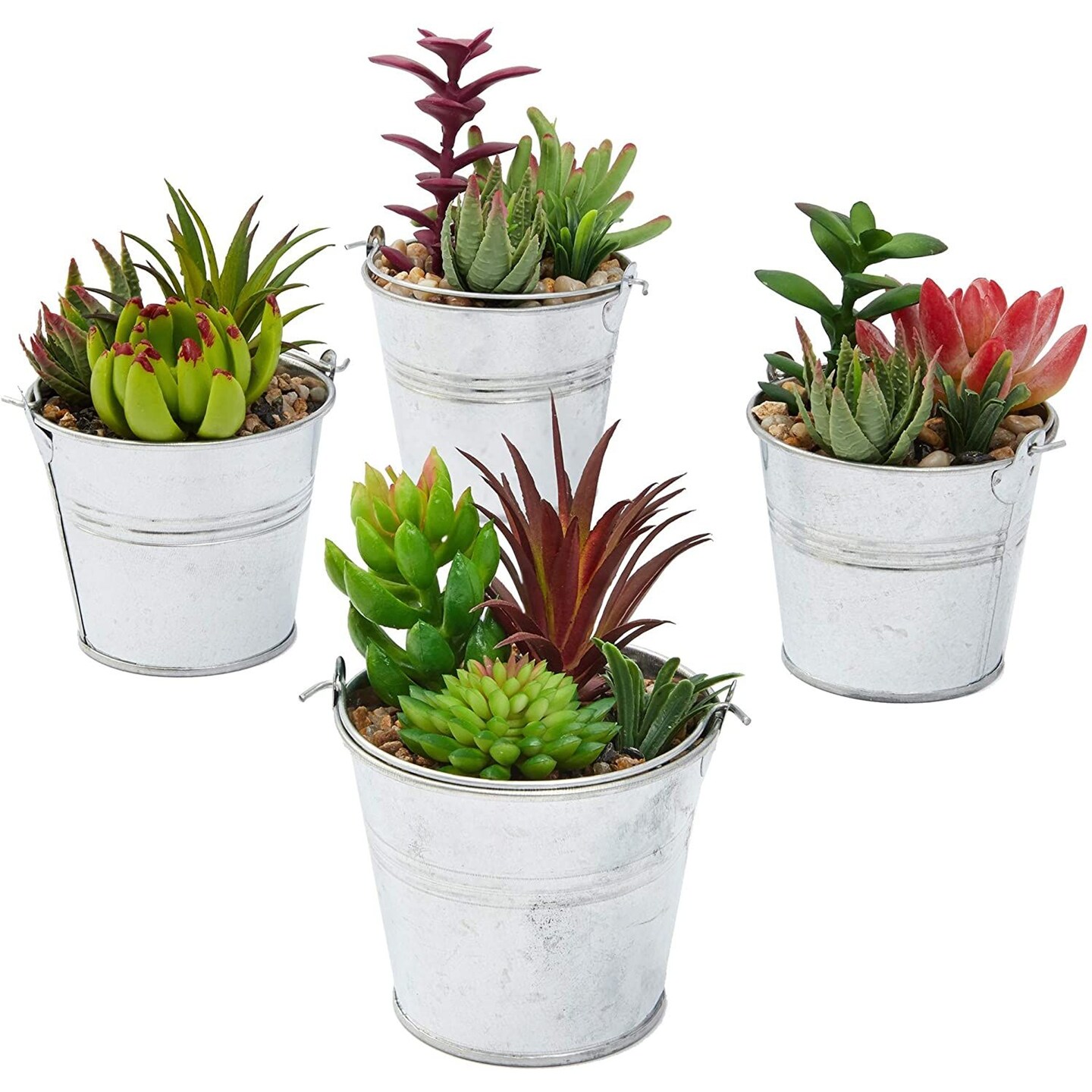 4 Pack Artificial Succulents, Faux Fake Cactus Plants with Iron Bucket for Garden and Patio Decor, 6.5 in.