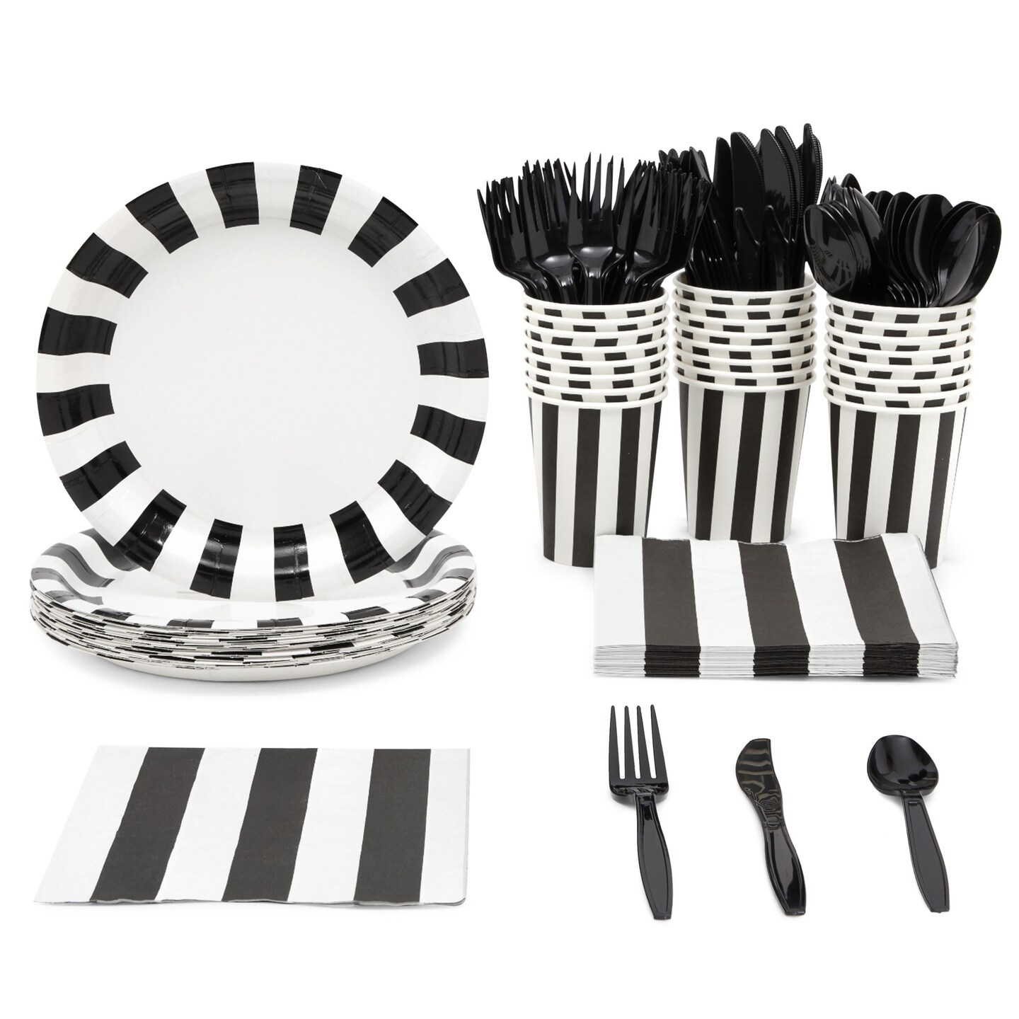 144 Piece Black and White Party Decorations - Serves 24 Striped Party Supplies with Plates, Napkins, Cups and Cutlery for Birthday, Graduation
