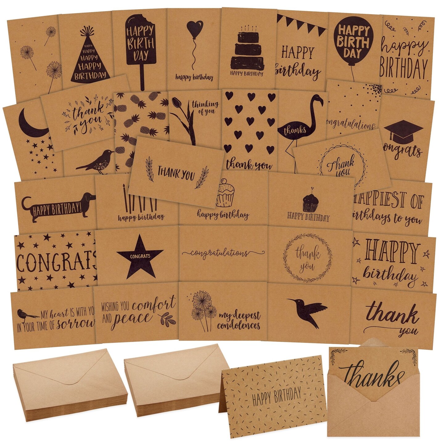 36 Pack Assorted All Occasion Cards with Envelopes in 36 Unique Designs for Birthdays, Congratulations, Sympathy, Thank You (Kraft Paper, 4x6 In)