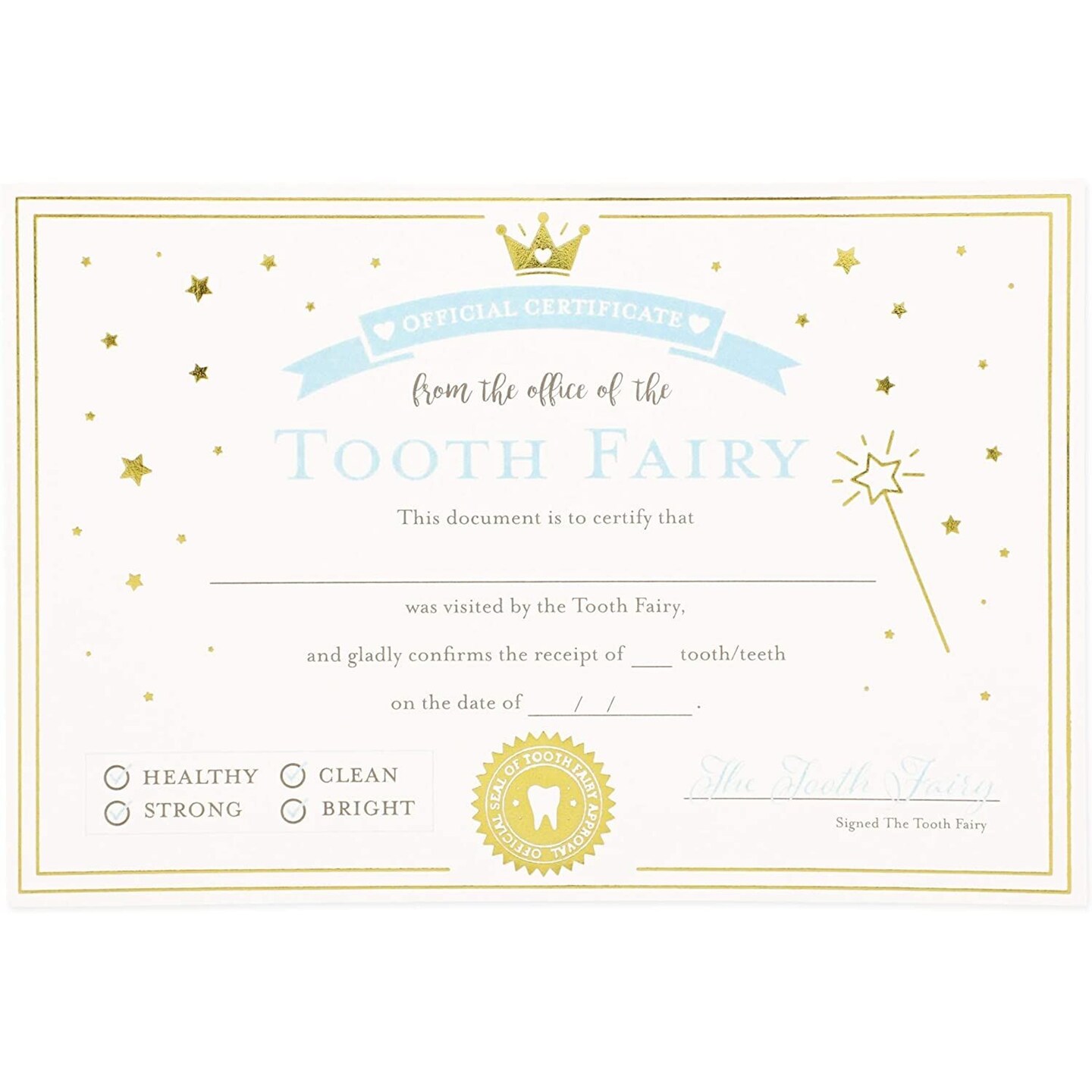 Tooth Fairy Paper Certificate with Gold Foil for Kids (4 x 6 in, Ivory, 32 Pack)