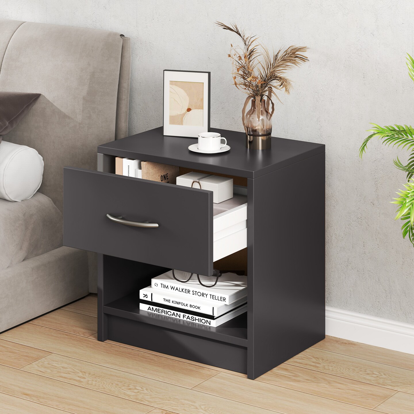 Nightstand with Drawer, Open Shelf, Modern Design and Sturdy Structure