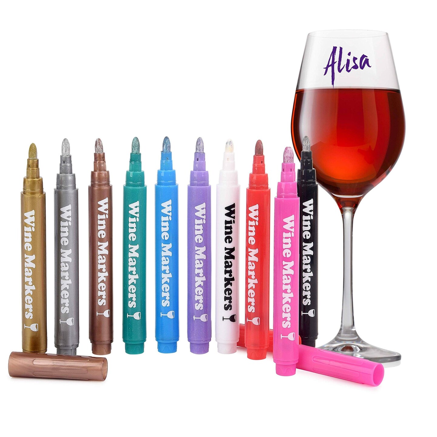 Vaci Markers Wine Glass Markers - 10 Pack | Metallic Color Pens with 2 Stencils &#x26; 8 Glass Labels | Washable &#x26; Erasable | Great for Parties, Baby Showers, Weddings or Any Occasions | For Adults