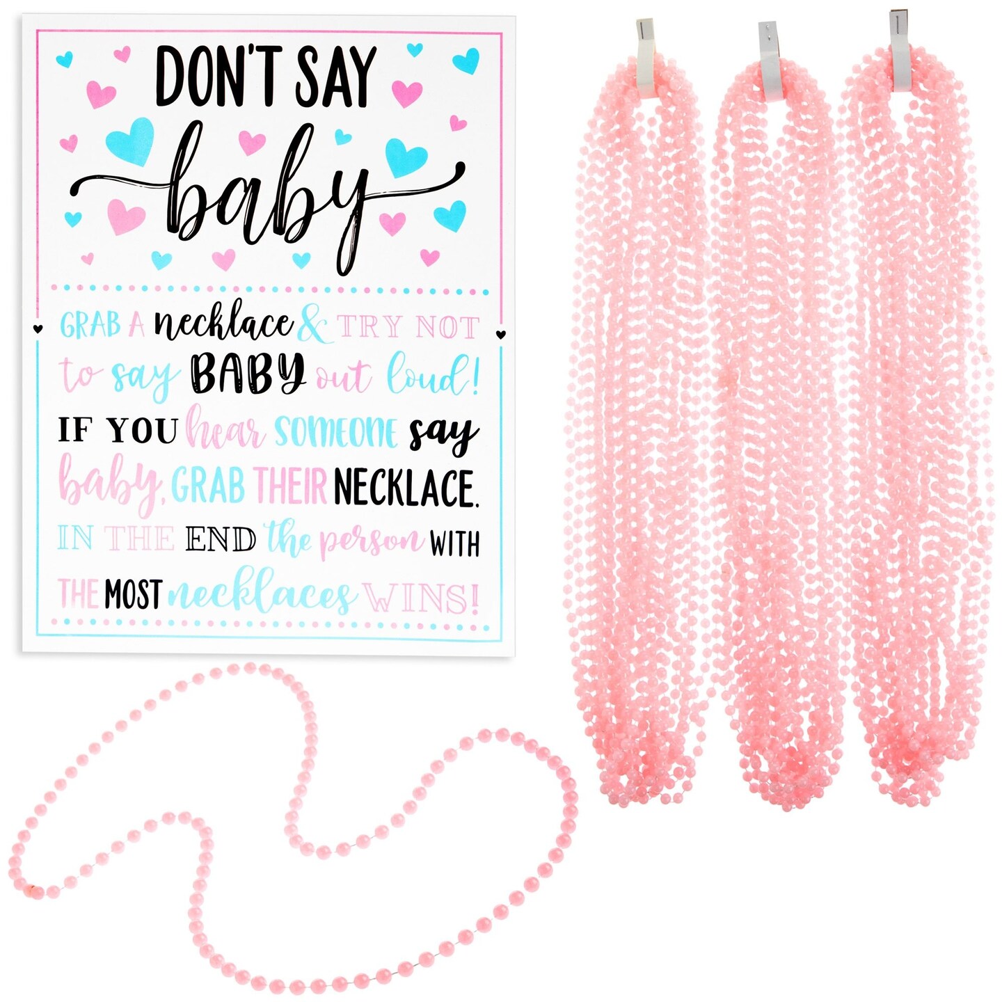 Don&#x27;t Say Baby Baby Shower Game with 36 Pink Bead Necklaces and 1 Easel Sign for Girls