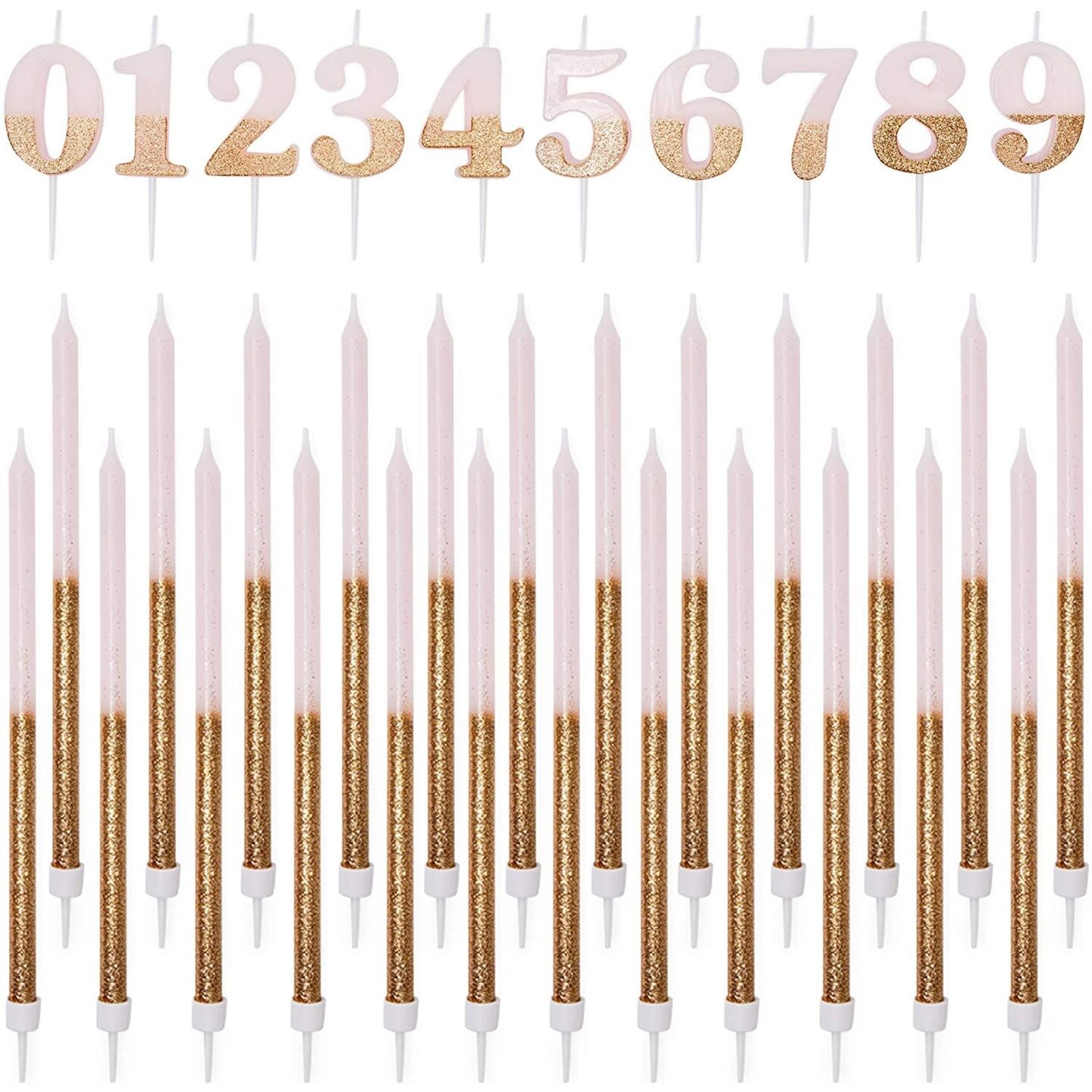 Numbers 0-9 Cake Toppers and Thin Candles in Holders (Pink with Gold Glitter, 34 Pieces)