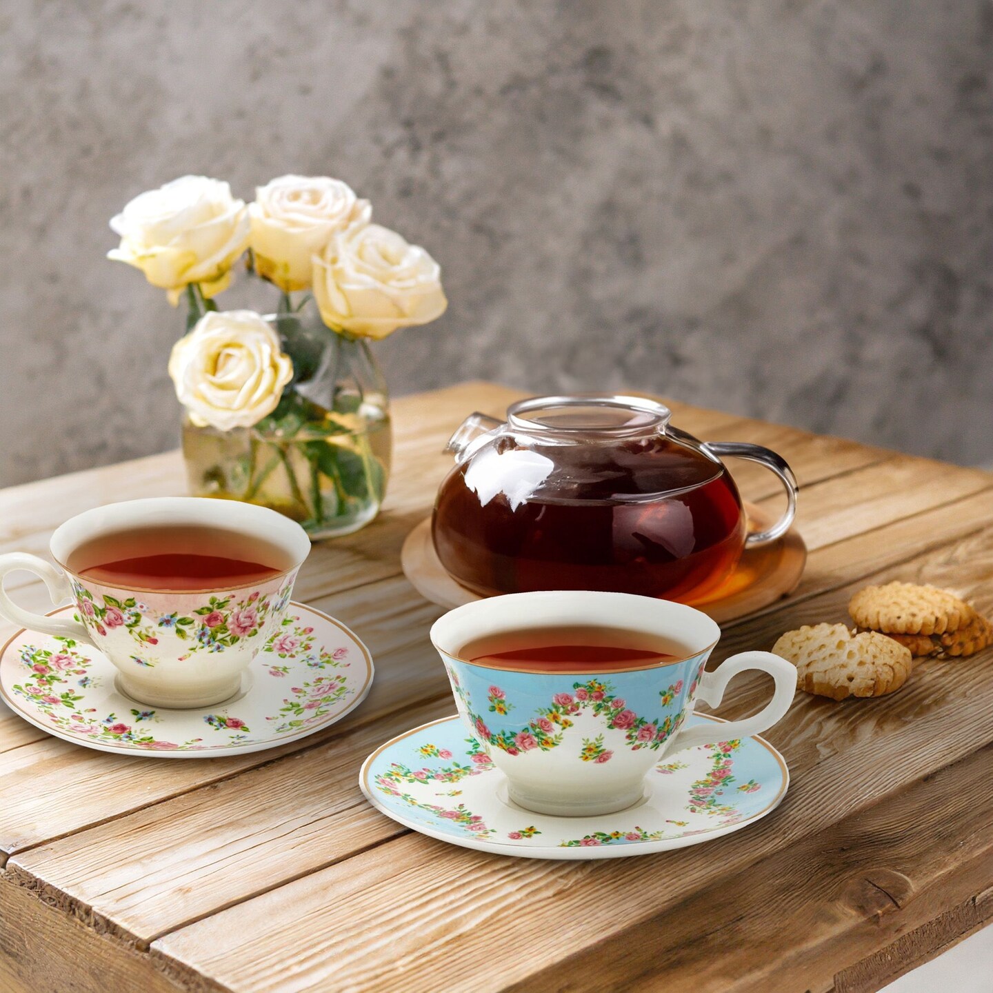 Set of 6 Vintage Floral Tea Cups and Saucers for Tea Party Supplies, Perfect for Bridal Showers, Garden Parties, Brunch Gatherings, Afternoon Teas &#x26; Receptions (Blue, Pink, 8oz)