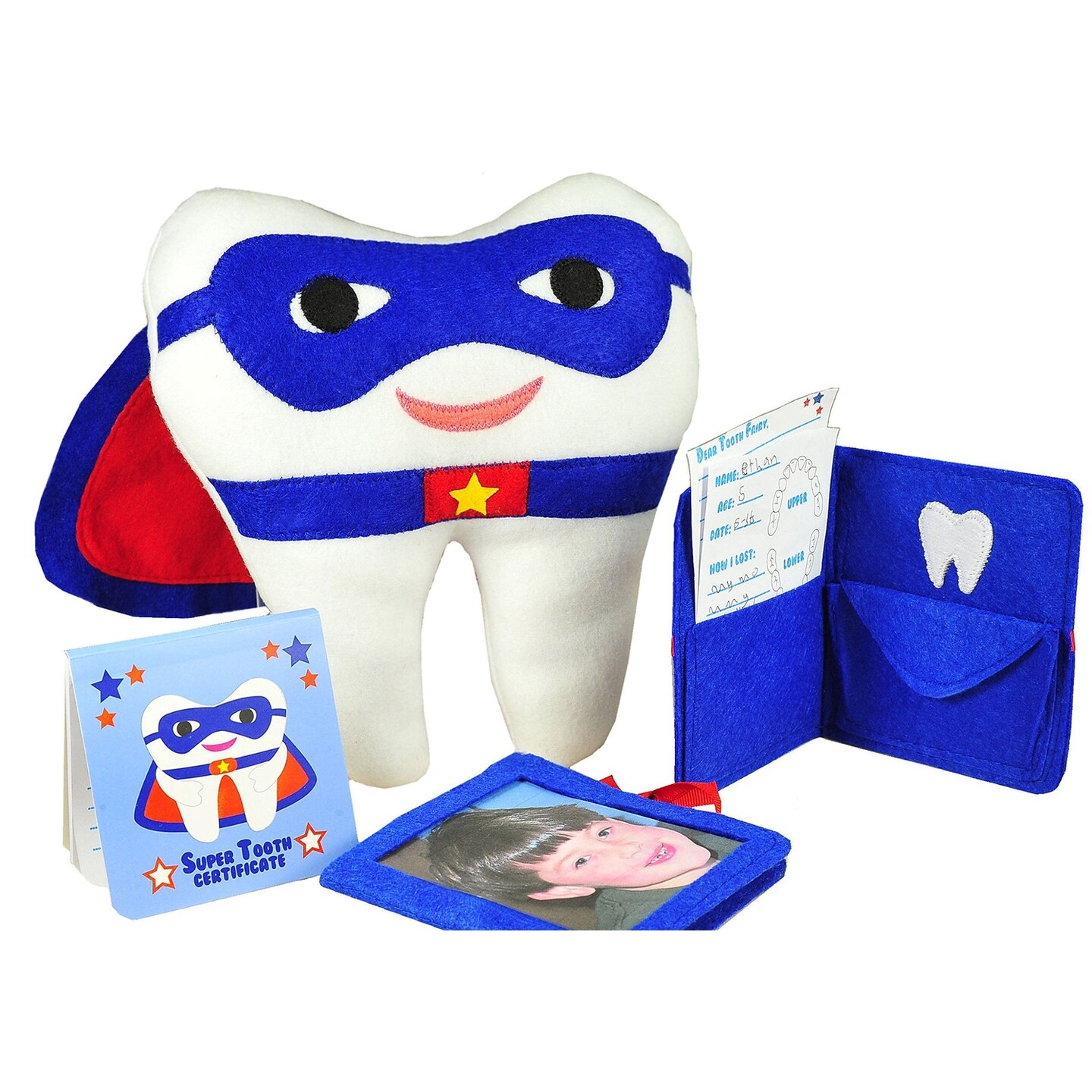 Tickle &#x26; Main 3-Piece Superhero Tooth Fairy Pillow for Boys &#x26; Girls Ages 5-10 with Pocket, Notepad &#x26; Photo Keepsake Pouch Kit