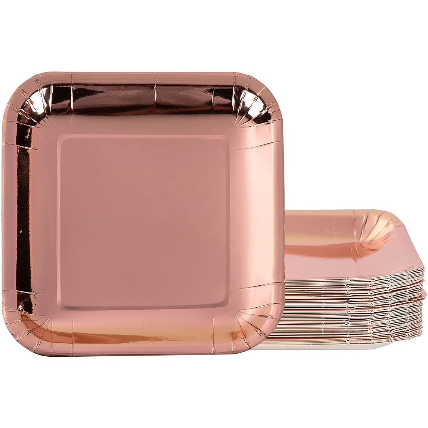 Disposable Plates - 48-Pack Square Paper Plates Party Supplies for Appetizer, Lunch, Dinner, and Dessert, Birthday Party, Metallic Rose Gold Foil, 7 x 7 Inches