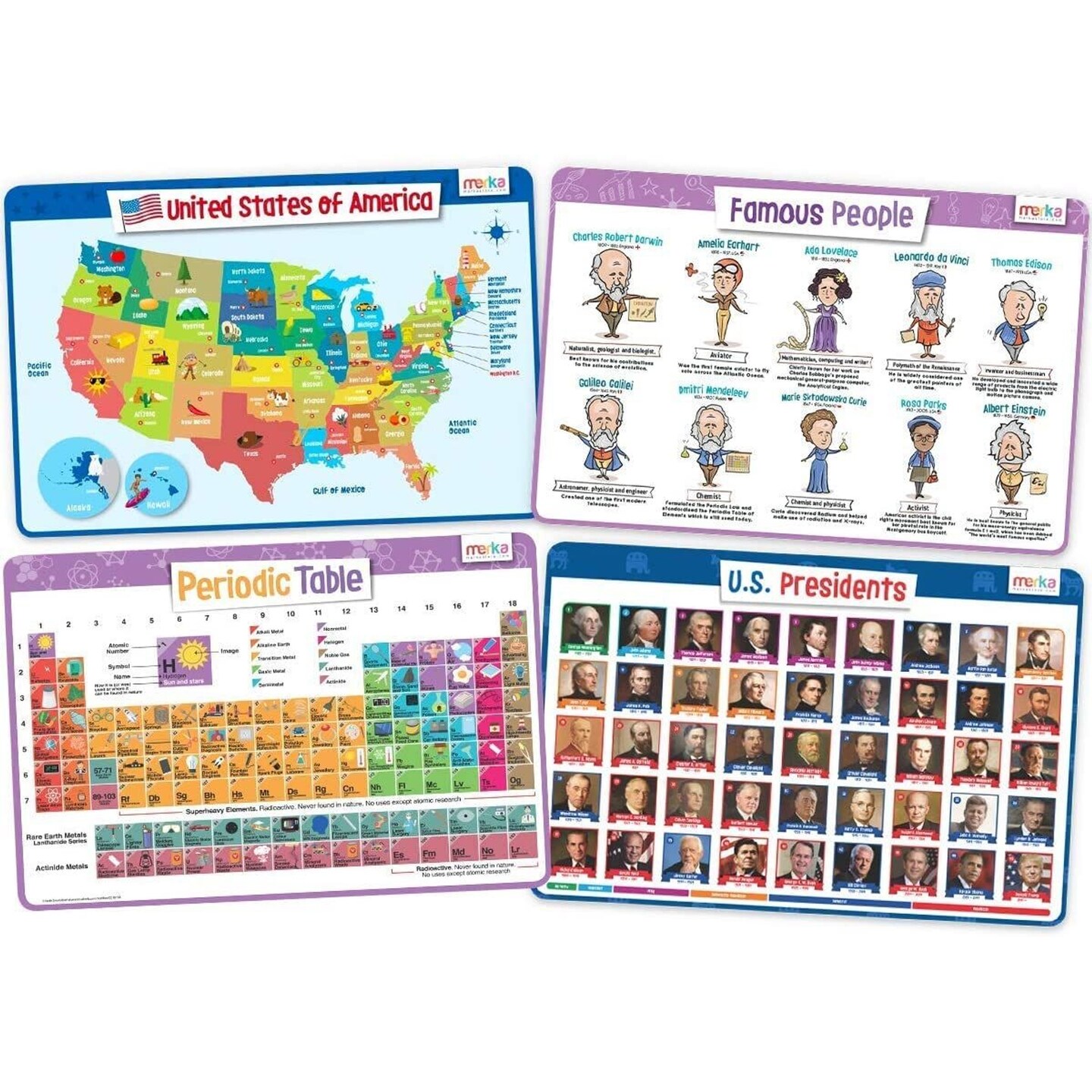 merka Placemats for Kids, 4 Pack Educational Placemat Mat for Dining Table, Non Slip, Washable Reusable, Learning US Presidents, Famous People, Periodic Table of Elements &#x26; USA Map v2