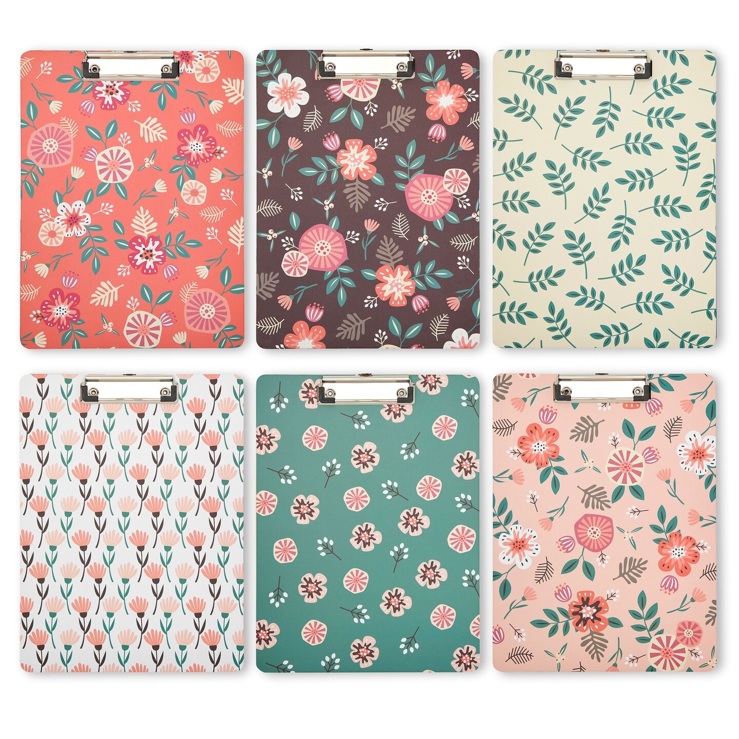 6 Pack Decorative Clipboards 9x12 with Low Profile Clip and Hook, Letter Size, Classroom Office Work Supplies - 6 Floral Designs