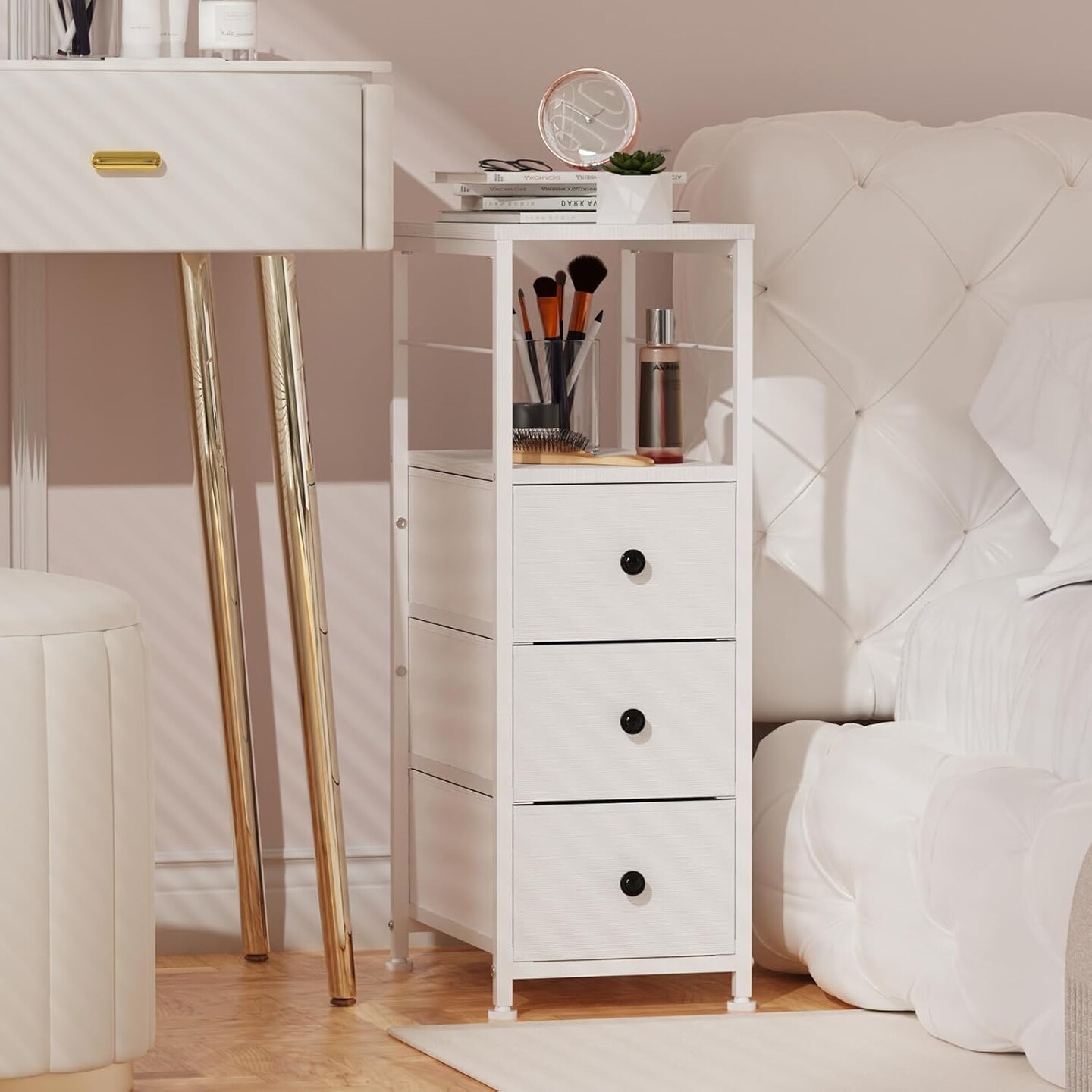 Narrow Dresser for Small Spaces | Slim White 3-Drawer Chest with Wood Shelf &#x26; Anti-Tip Design | Space-Saving Bedroom/Office Dresser Tower (28.26&#x22; H x 10.04&#x22; W)