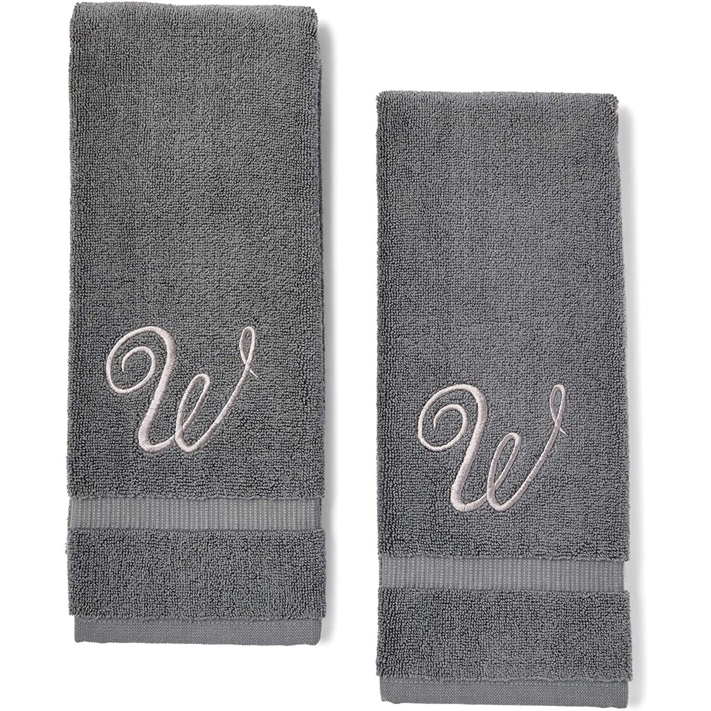 2 Pack Letter W Monogrammed Hand Towels, Gray Cotton Hand Towels with Silver Embroidered Initial W for Wedding Gift, Bridal Shower, Baby Shower, Anniversary (16 x 30 Inches)