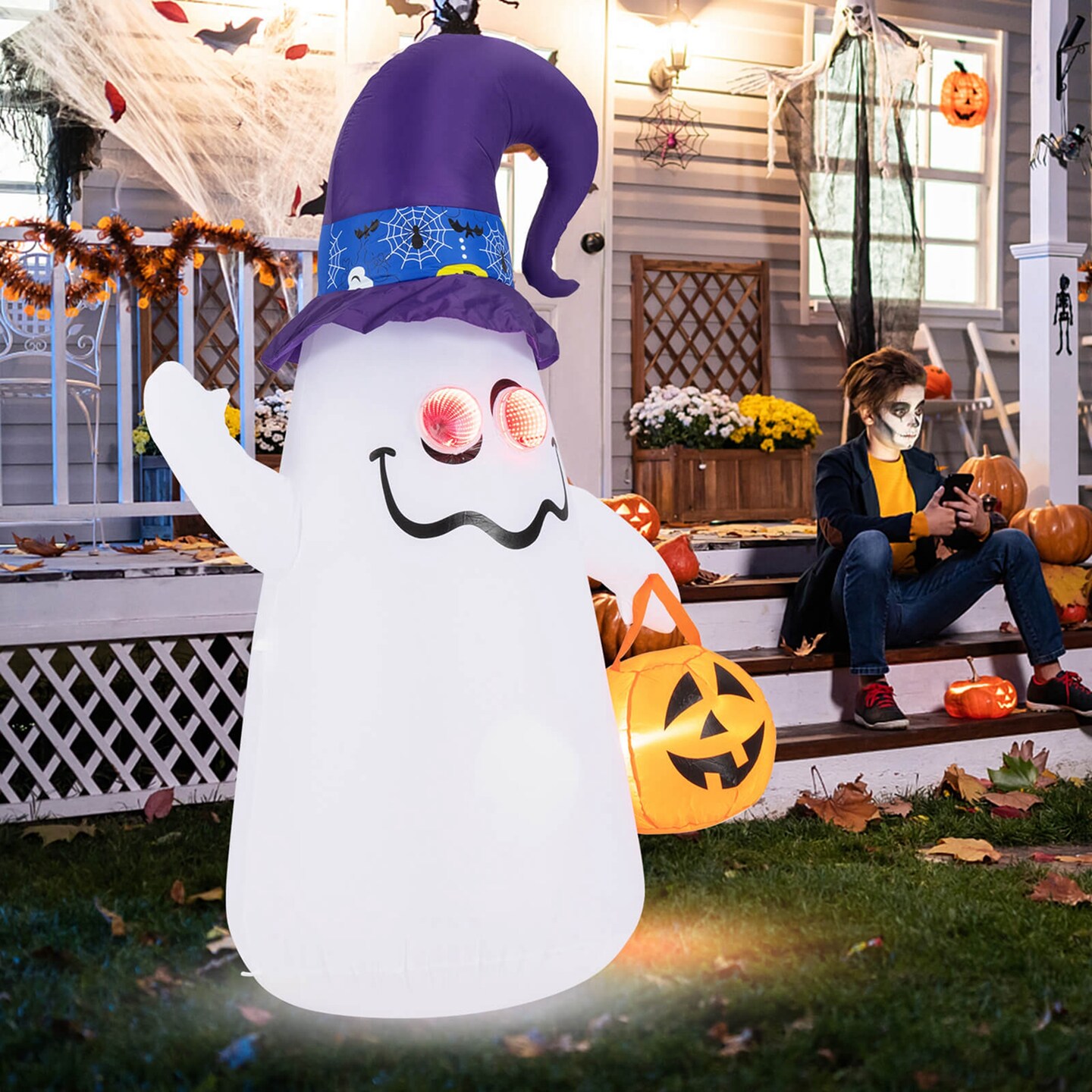 Costway 6 Ft Halloween Inflatables Cute Ghost with Jack-O-Lantern &#x26; Witch Hat