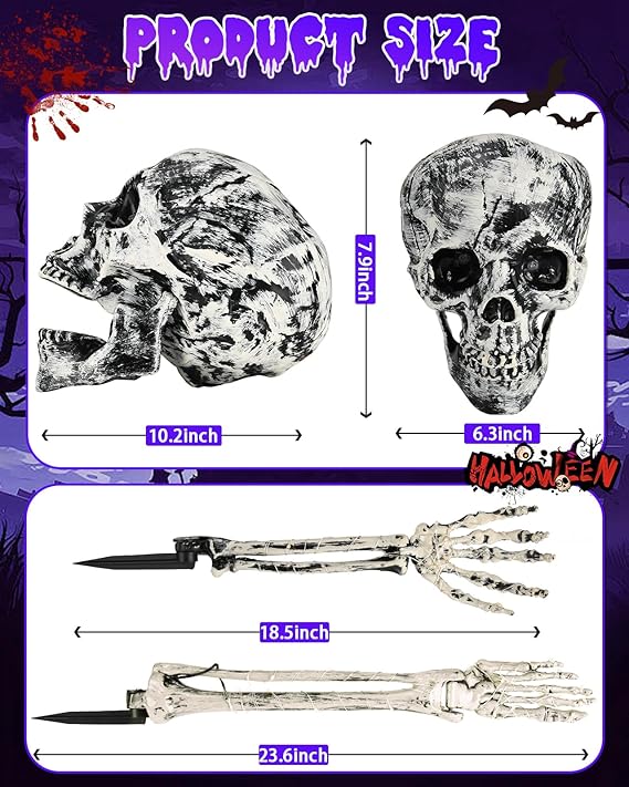 Halloween Decorations Outdoor Skeleton, Realistic Skull 5 Piece Set with 128 LED Lights Graveyard Bone, Glowing Stakes with Limbs for Yard Lawn Garden Party Decor (Orange &#x26; Purple)