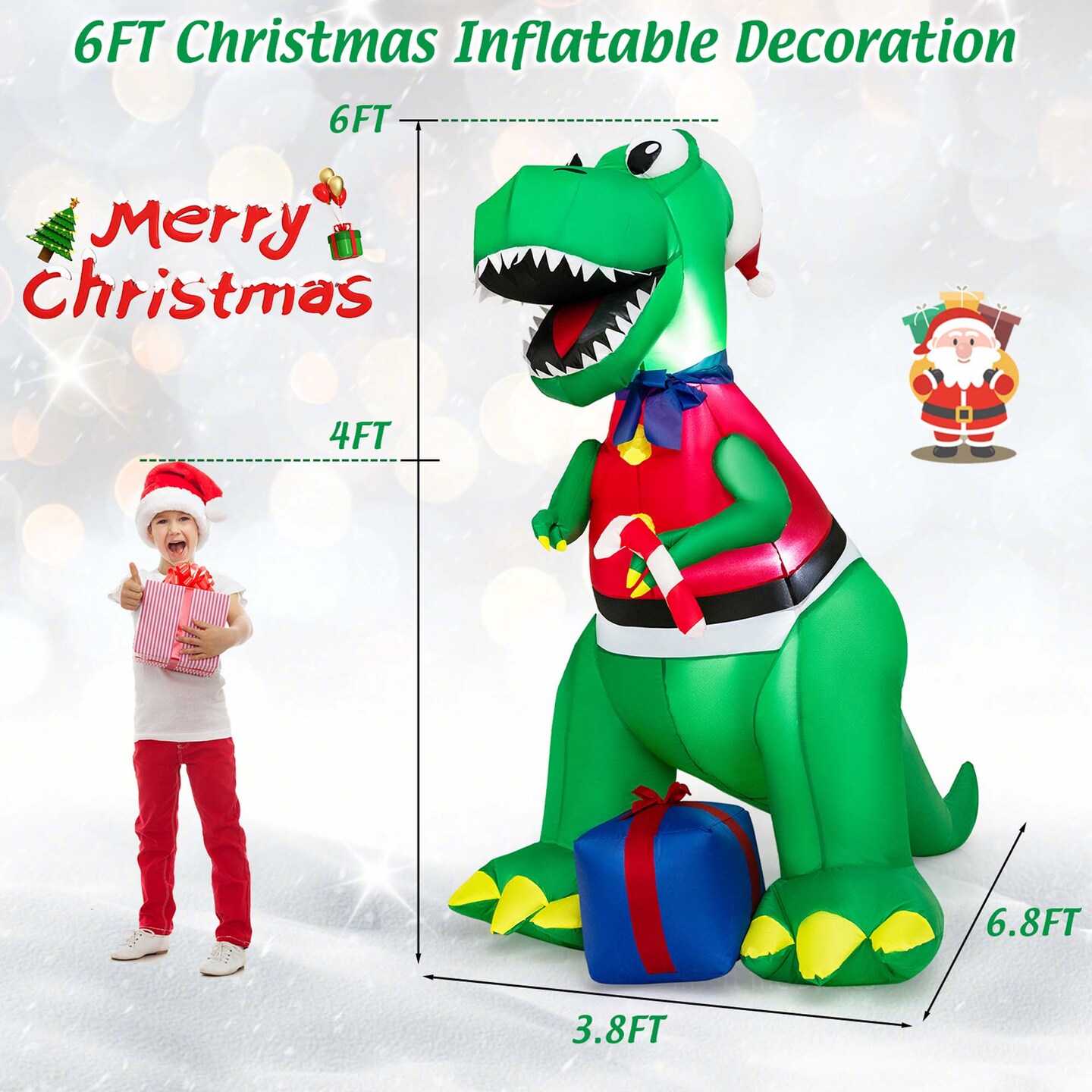 Costway 6FT Inflatable Christmas Dinosaur Dinosaur Decoration with LED Lights &#x26; Gift Box