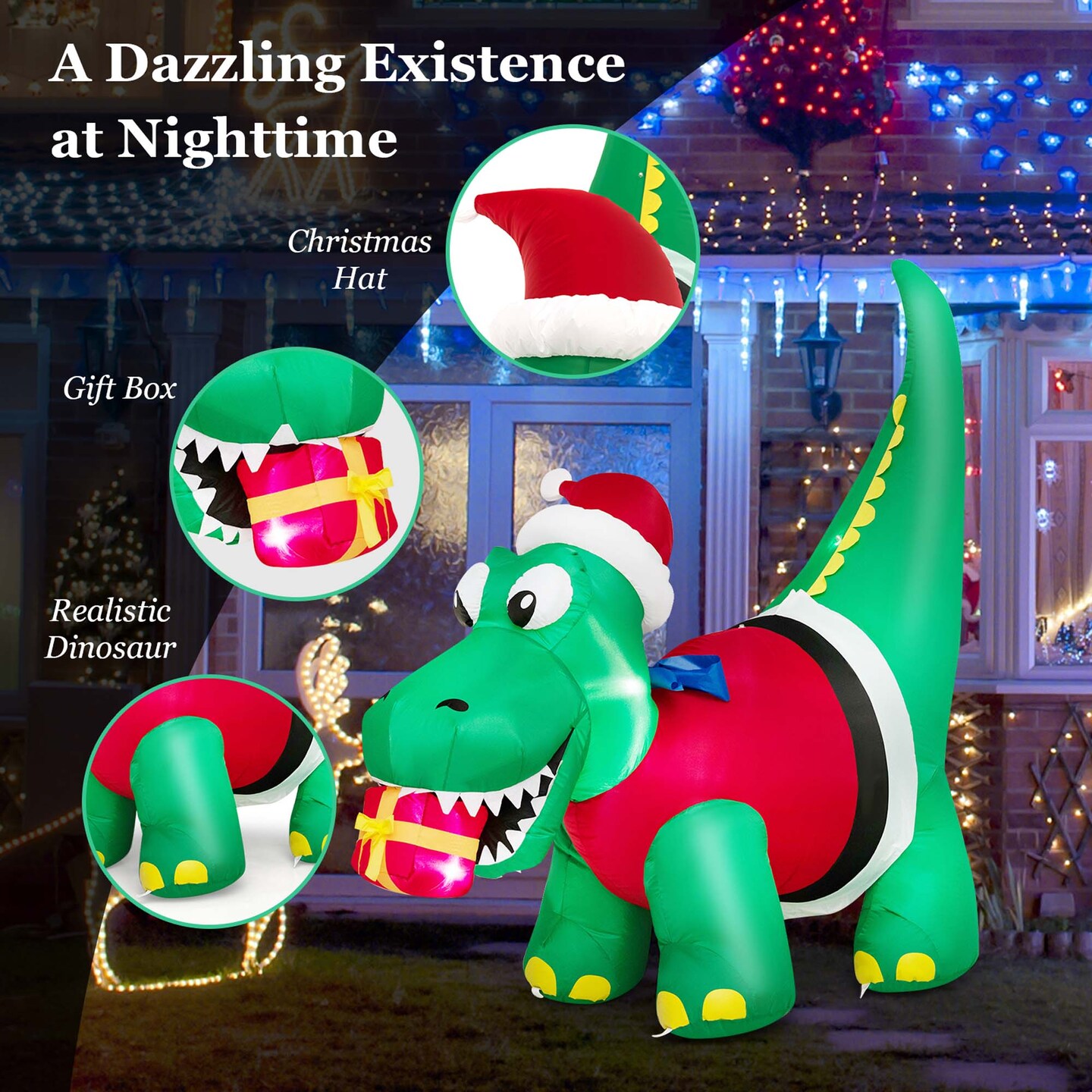 Costway 6FT Inflatable Christmas Dinosaur with LED Lights Gift Box &#x26; Blower Party Yard