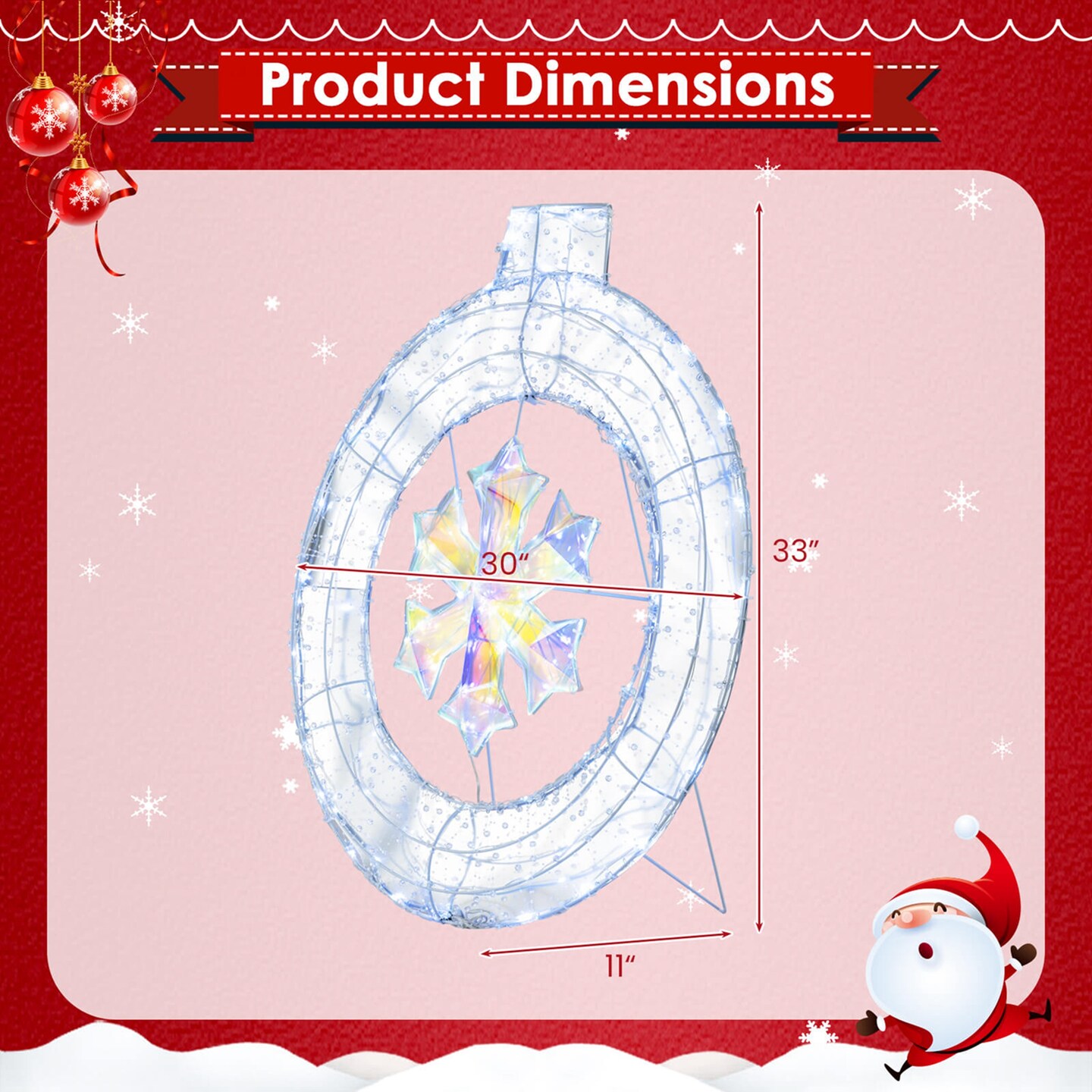 Costway 33&#x22; Lighted Ornament Pre-Lit Christmas Wreath with 128 Cold White LED Lights