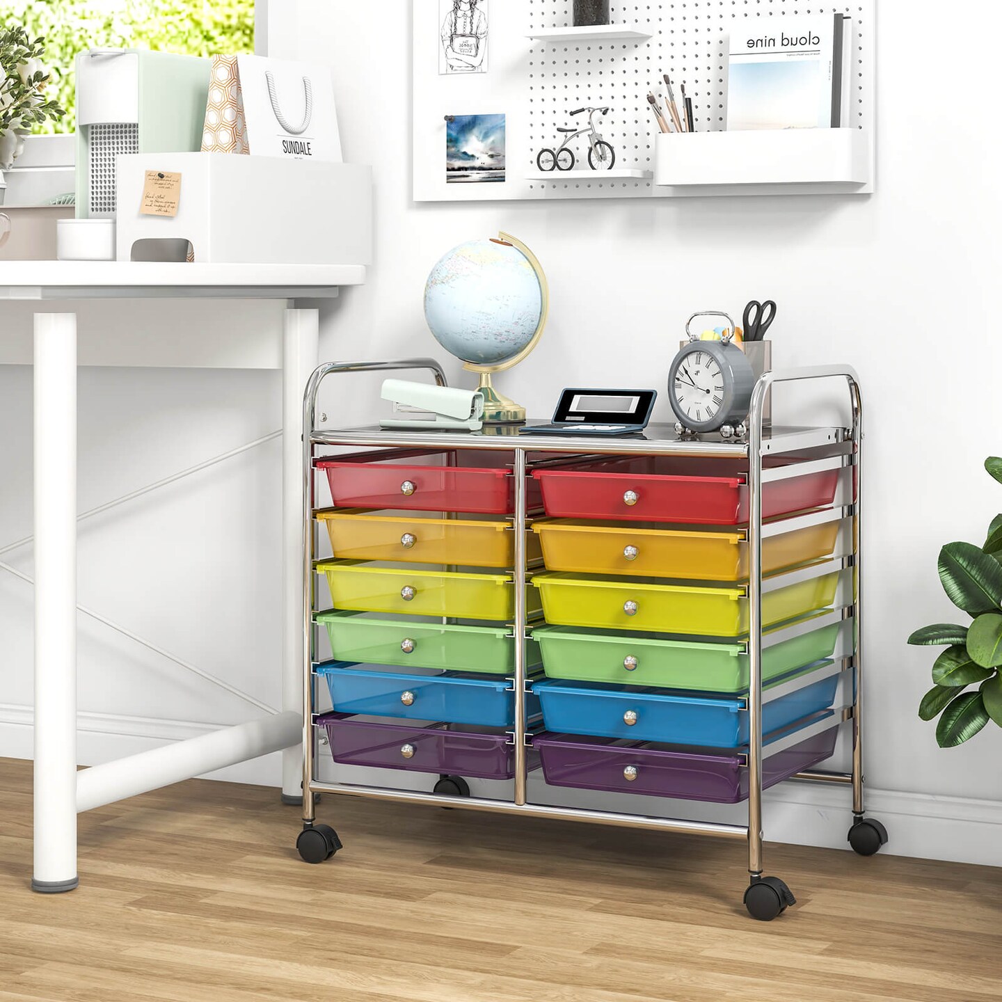 Costway 12 Drawers Rolling Cart Storage Scrapbook Paper Studio Organizer Bins Macaron/White/Light Pink/Purple/Pink/Clear/Gray/Rainbow/Multicolor/Hot Pink/Black