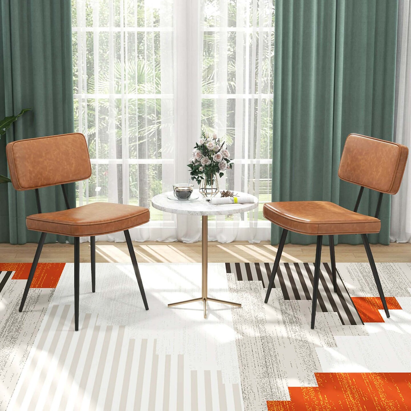 Costway Dining Chairs Set of 2 with PU Leather Cover Filled Sponge Waterfall Seats Brown/Green