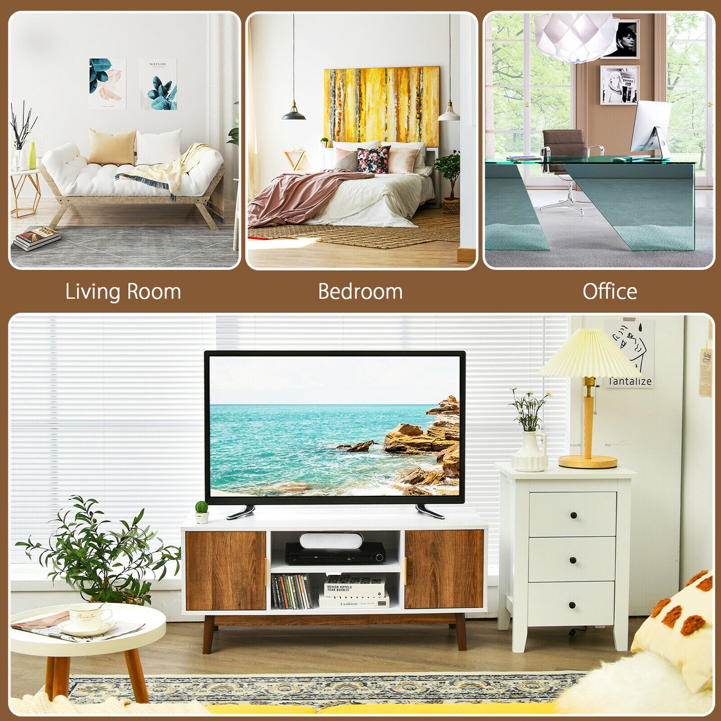 Costway TV Stand Entertainment Media Console w/2 Storage Cabinets & Open Shelves