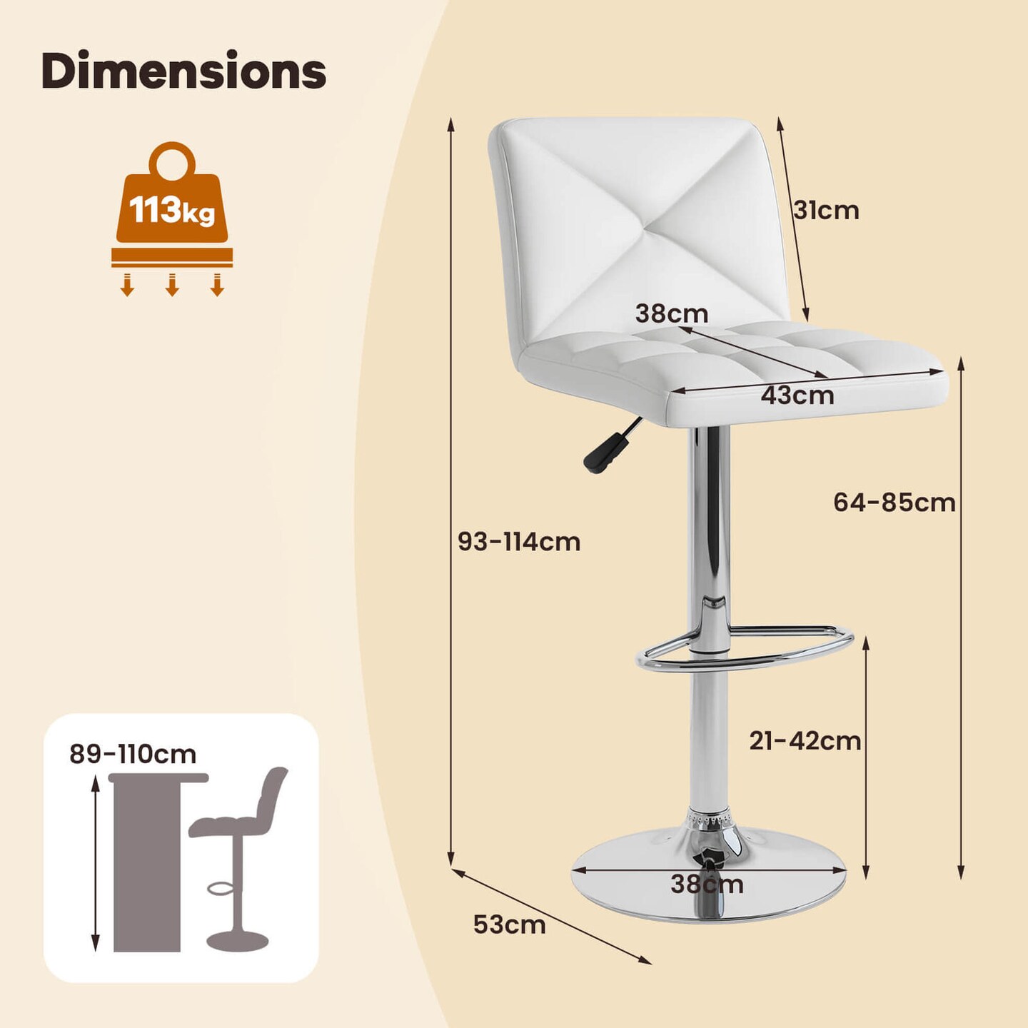 Costway Modern Bar Stools Set of 2 PU Leather Upholstered Swivel Counter Stools with Back Black/Brown/White