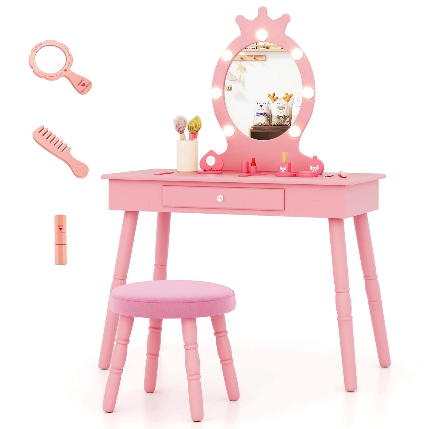 Costway Kids Vanity Set Princess Vanity Table & Chair Set with Lighted Mirror White/Pink/Purple