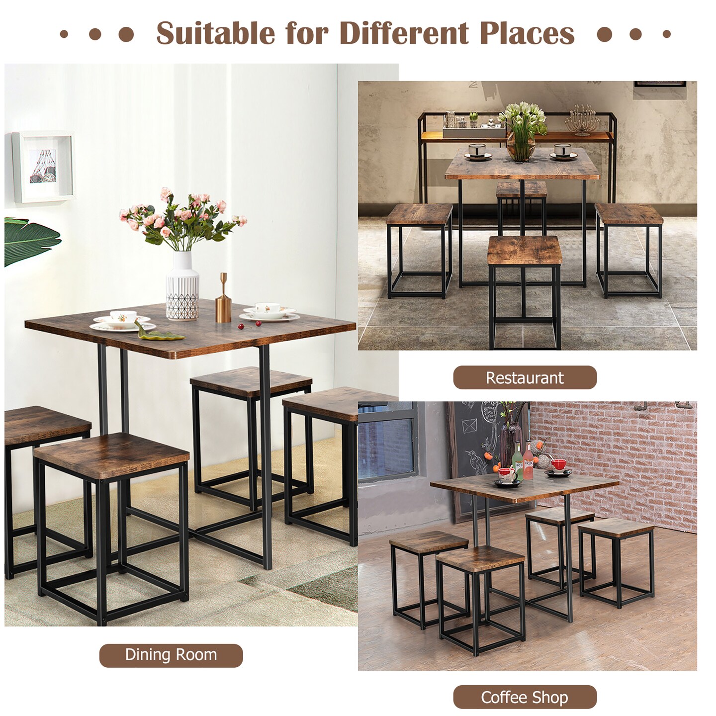 Costway 5pcs Dining Set Compact Dining Table and 4 Stools Metal Frame Nature\Vintage