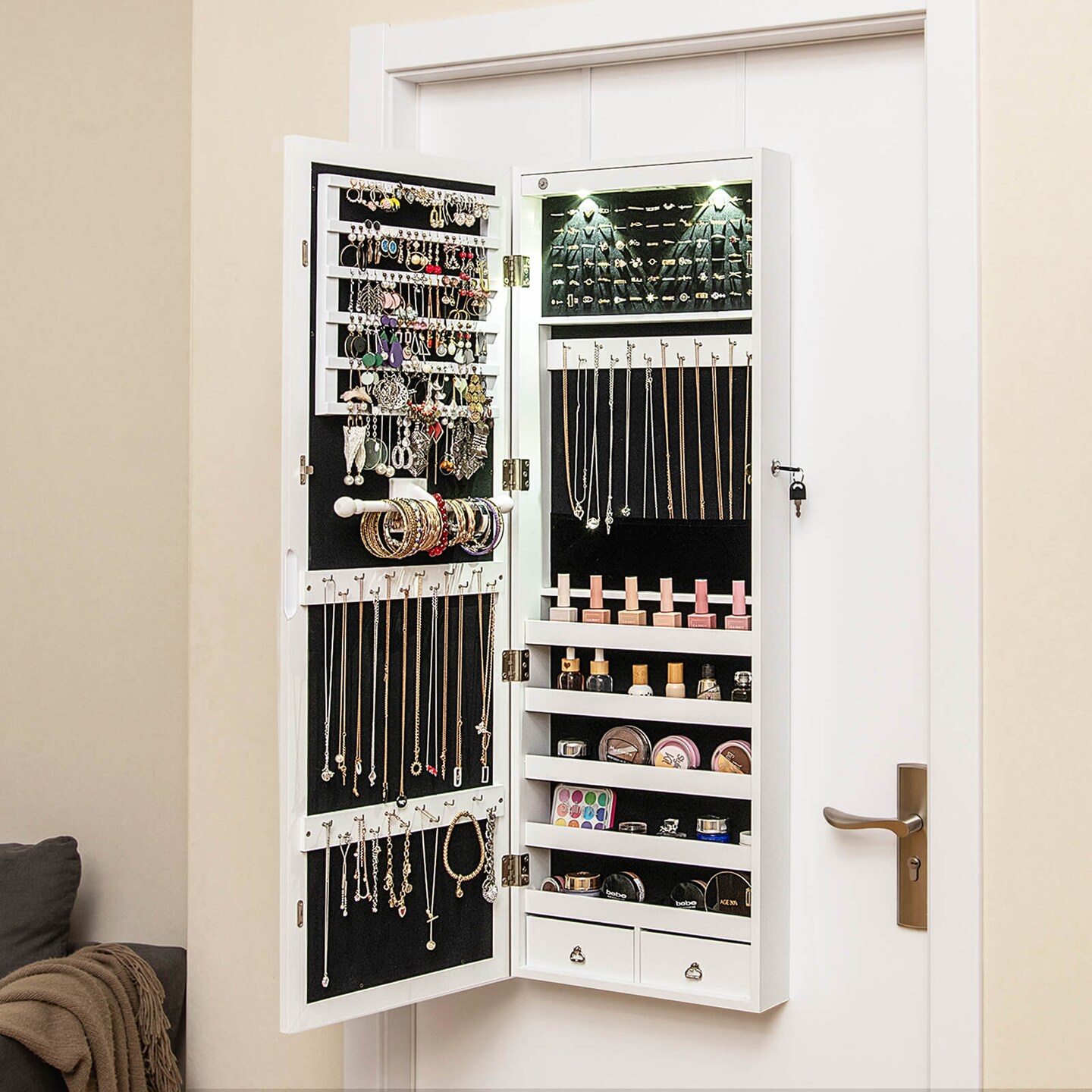 Costway Mirror Jewelry Cabinet with Full Length Clear Mirror & Internal LED Lights Hooks