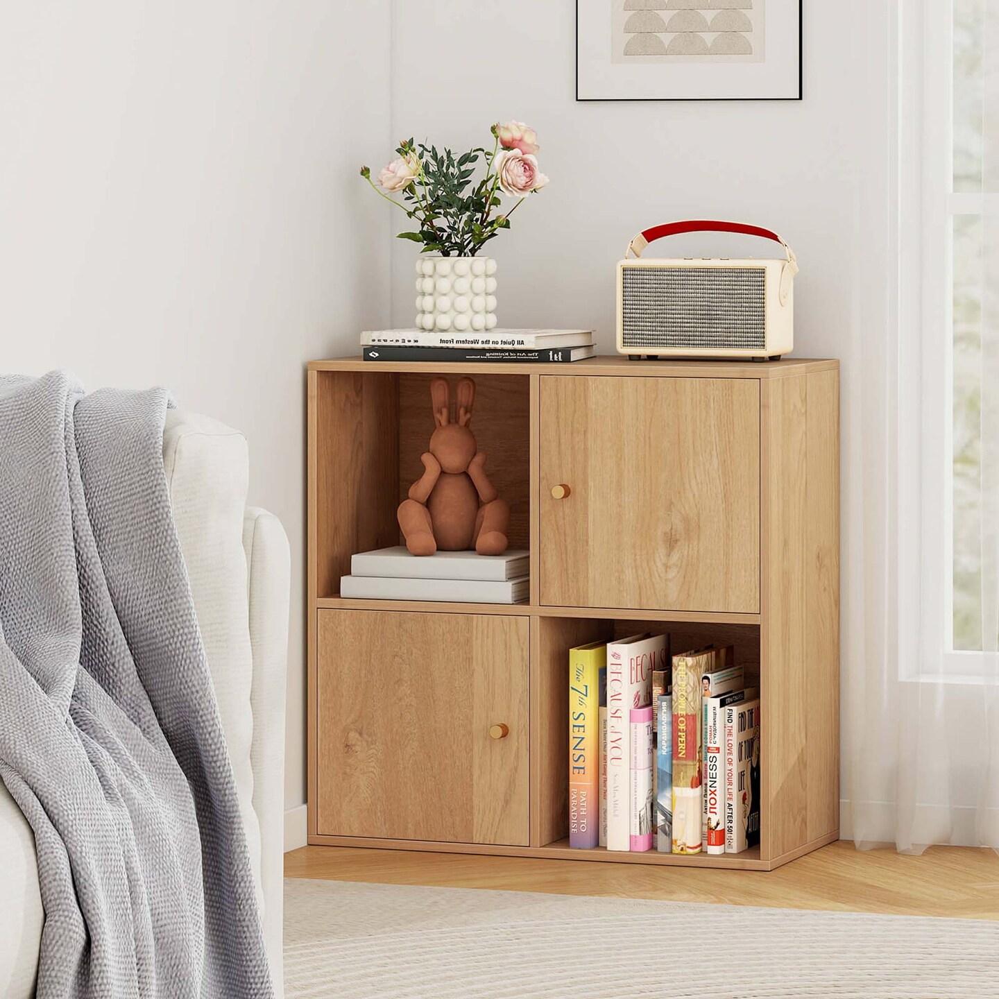 Costway 4-Cube Bookcase with Dual Anti-Tipping Kits & 2 Cabinets Storage Organizer White/Natural
