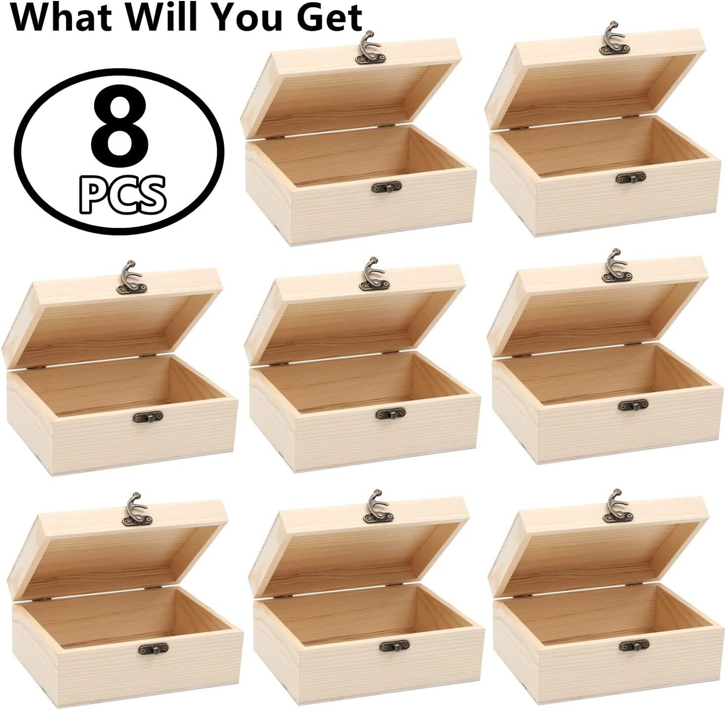 8 Pack Unfinished Wooden Boxes for Crafts, 8 x 4 x 2 Inch Wooden Box with Hinged Lid and Front Clasps