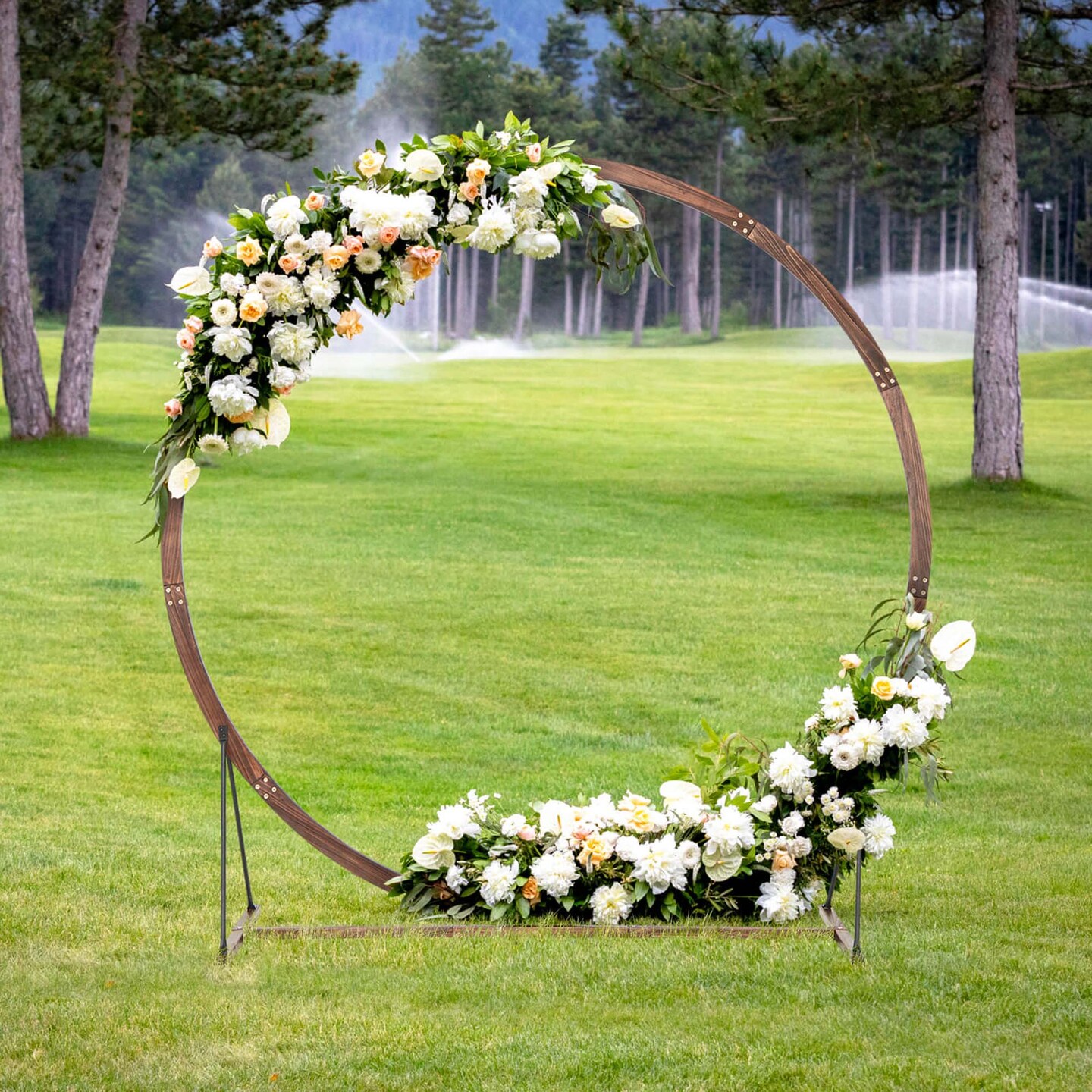 Costway 7.4 FT Round Wedding Arch Wooden Arbor Backdrop Stand with Triangular-Shaped Base