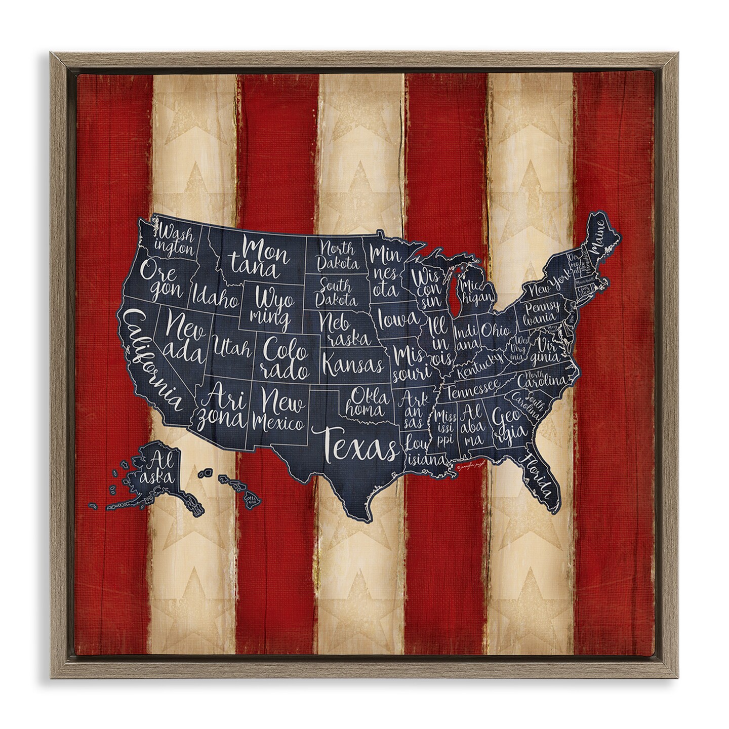 Stupell Industries United States Map on Stripes Framed Floater Canvas Wall Art