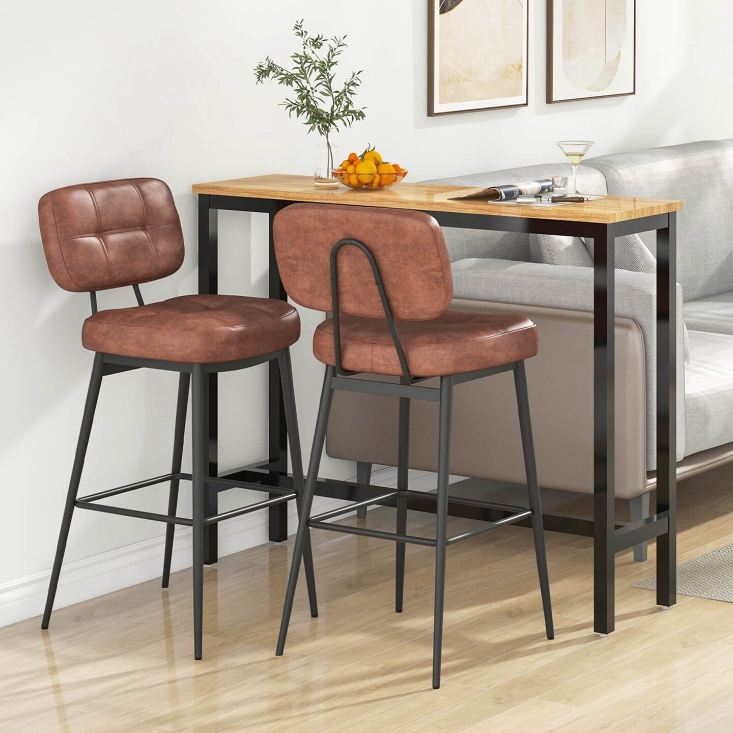 Costway Set of 2/4 Bar Stools with Padded Seat Footrest &#x26; Metal Legs PU Leather for Kitchen