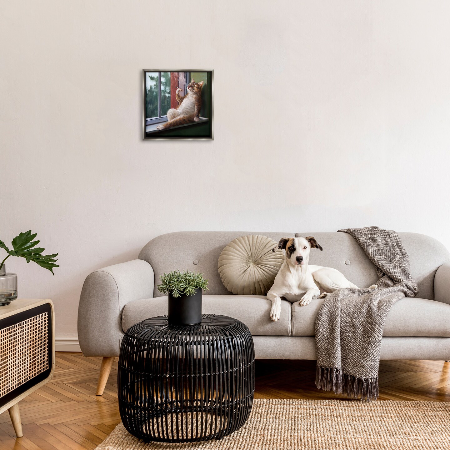 Stupell Industries Cat Smoking Lounging in Window Framed Floater Canvas Wall Art