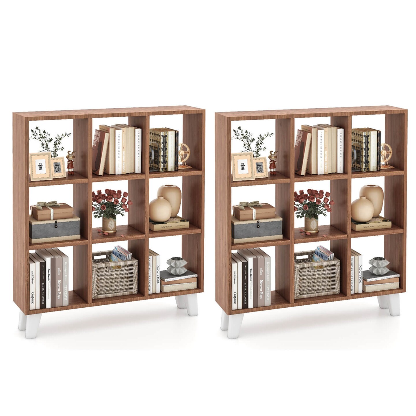 Costway 2 PCS 9-Cube Bookcase with 6 Removable Shelves Raised Support Feet for Living Room Brown/White